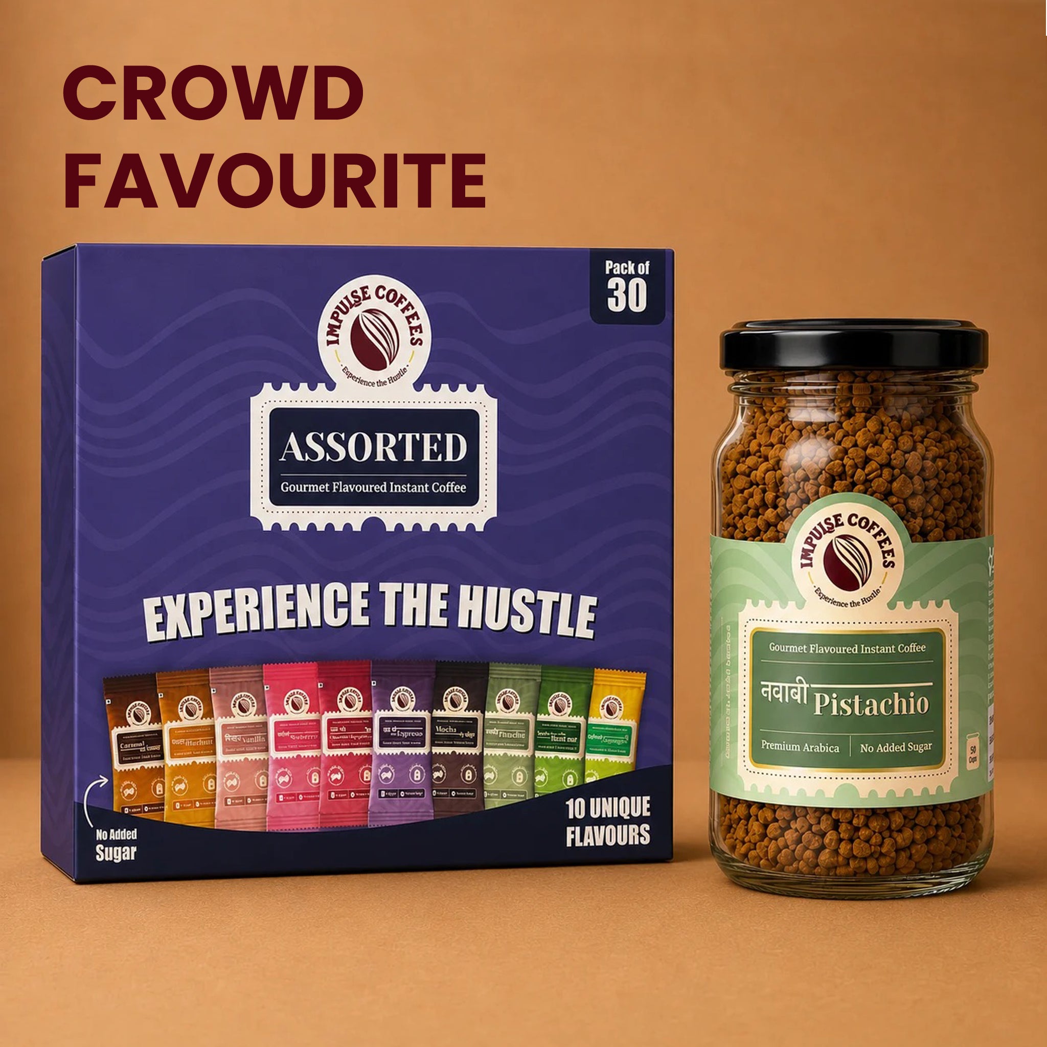 Impulse Coffees Nawabi Brew Combo product bundle featuring a glass jar of Nawabi Pistachio gourmet flavoured instant coffee next to a box of 30 assorted trial sachets containing 10 unique coffee flavours.