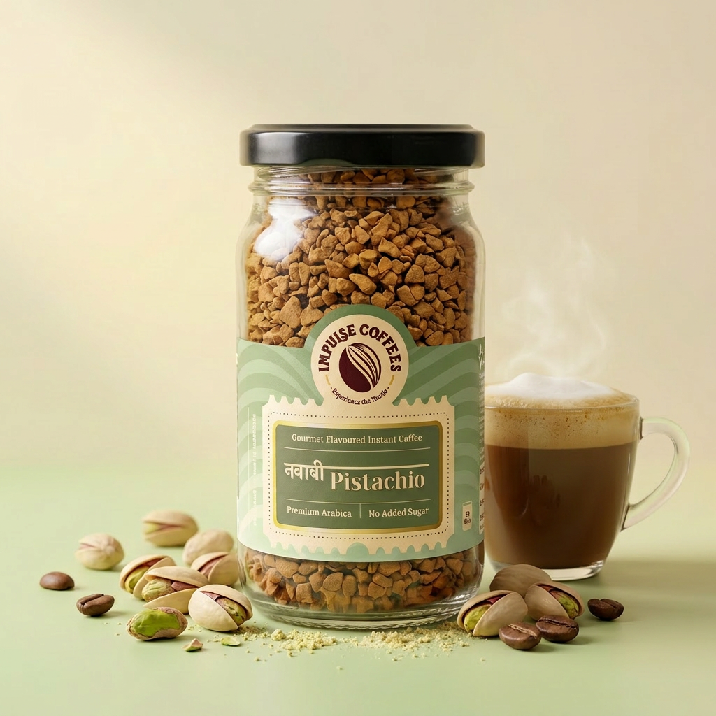 Impulse Coffees Nawabi Pistachio flavored instant coffee jar on a rich pistachio green backdrop, surrounded by floating whole pistachios, cracked open shells, kernels, and roasted coffee beans.