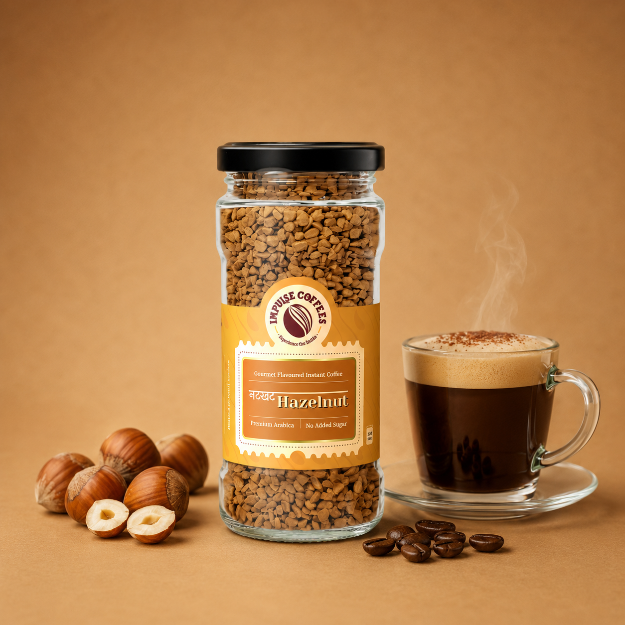 Impulse Coffees Nutkhat Hazelnut flavored instant coffee jar on a warm neutral studio backdrop, surrounded by floating whole hazelnuts, cracked hazelnut pieces, and roasted coffee beans.