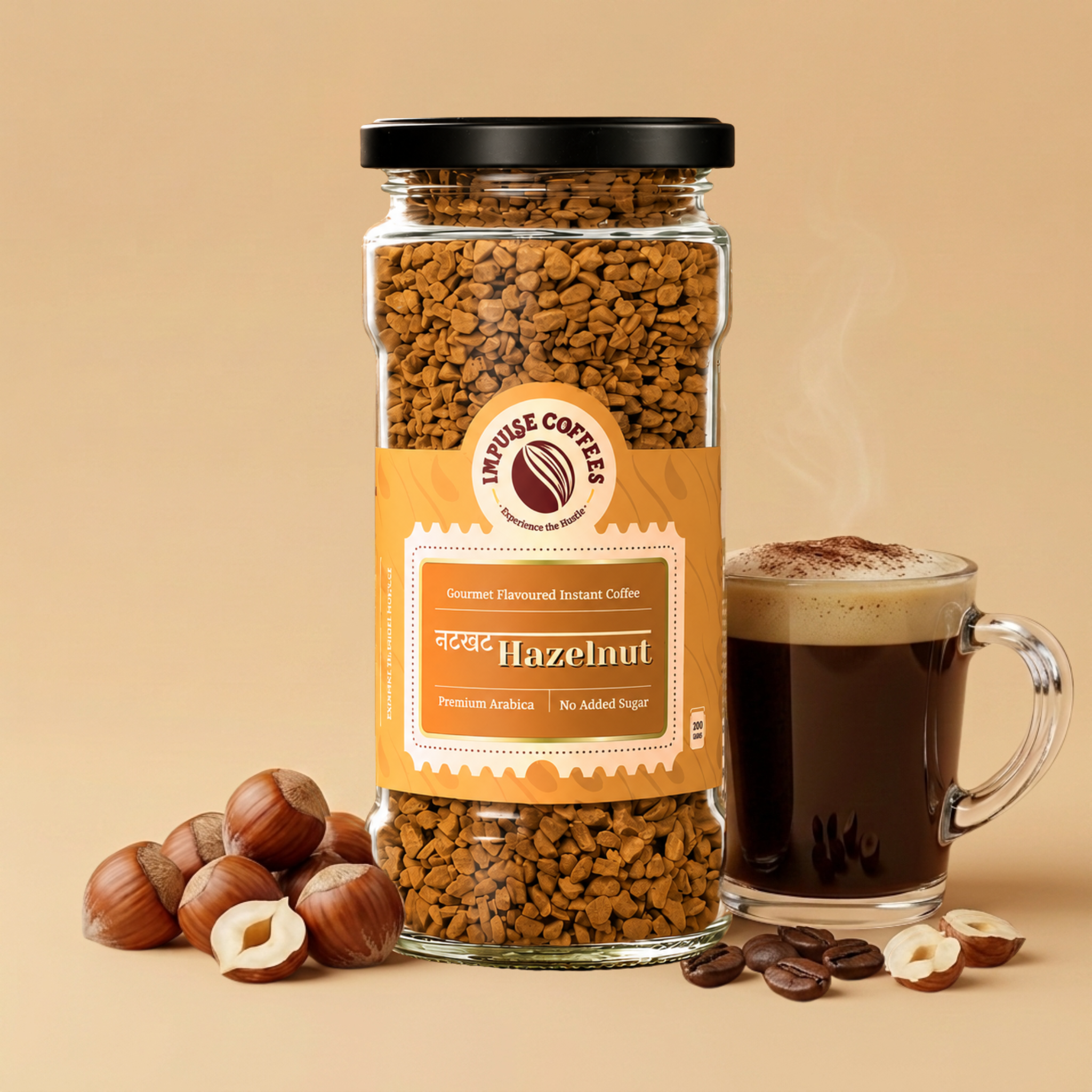 Impulse Coffees Nutkhat Hazelnut flavored instant coffee jar on a warm neutral studio backdrop, surrounded by floating whole hazelnuts, cracked hazelnut pieces, and roasted coffee beans.