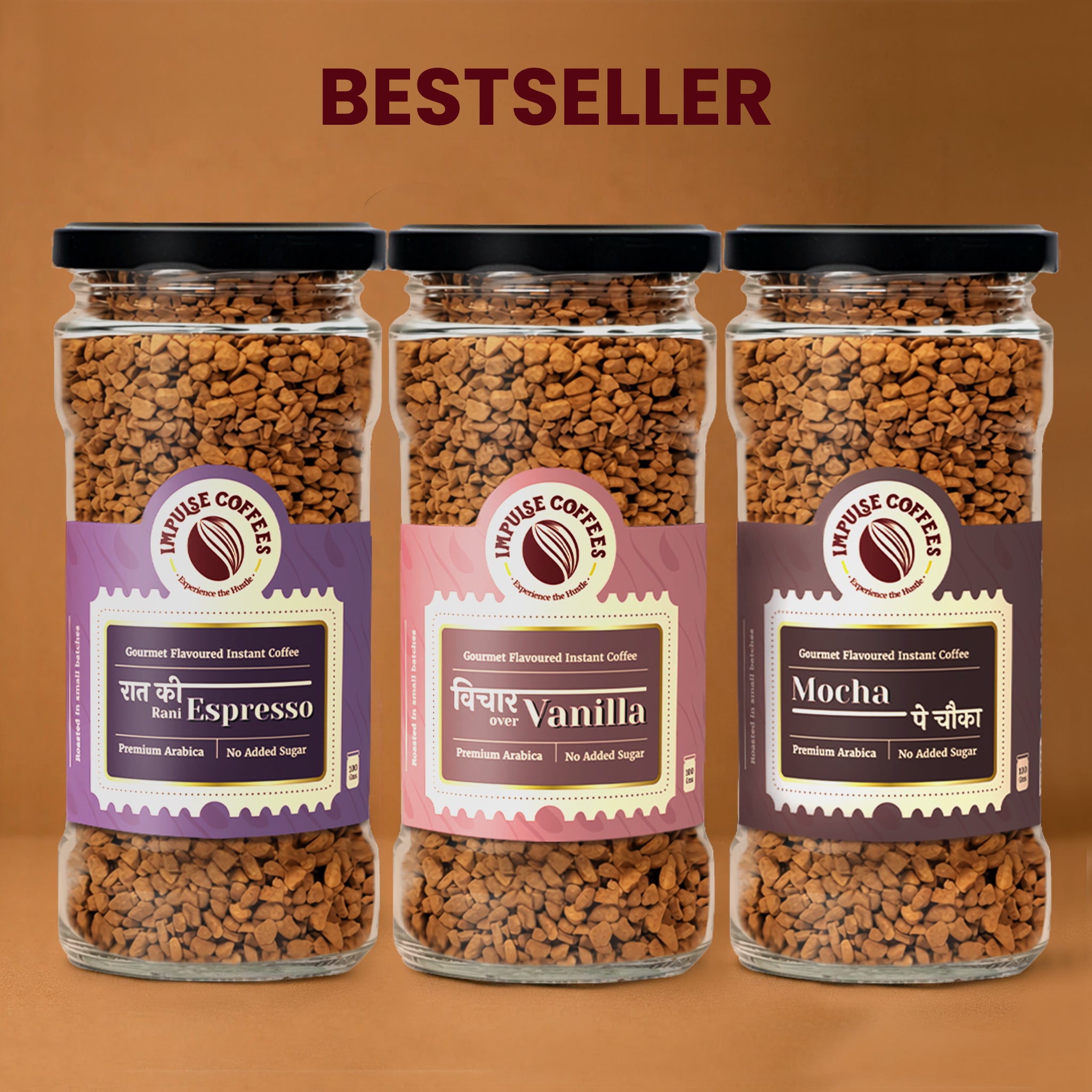 Three jars of flavored instant coffee with labels on a brown background, labeled 'Bestseller'.