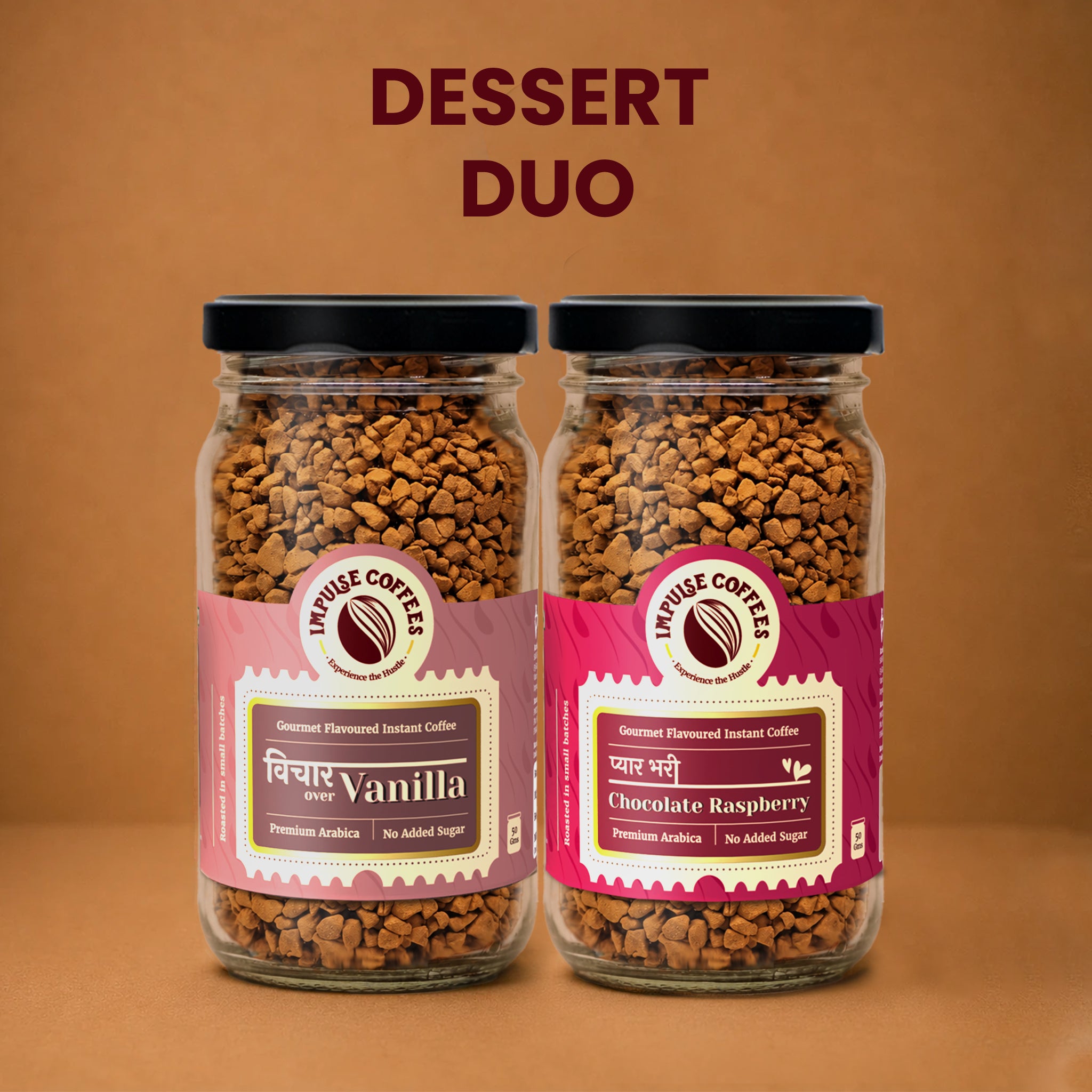 Impulse Coffees Perfect Match Combo product bundle featuring two glass jars standing side-by-side on a warm brown background: Vichaar Over Vanilla and Nutkhat Hazelnut gourmet flavoured instant coffee.