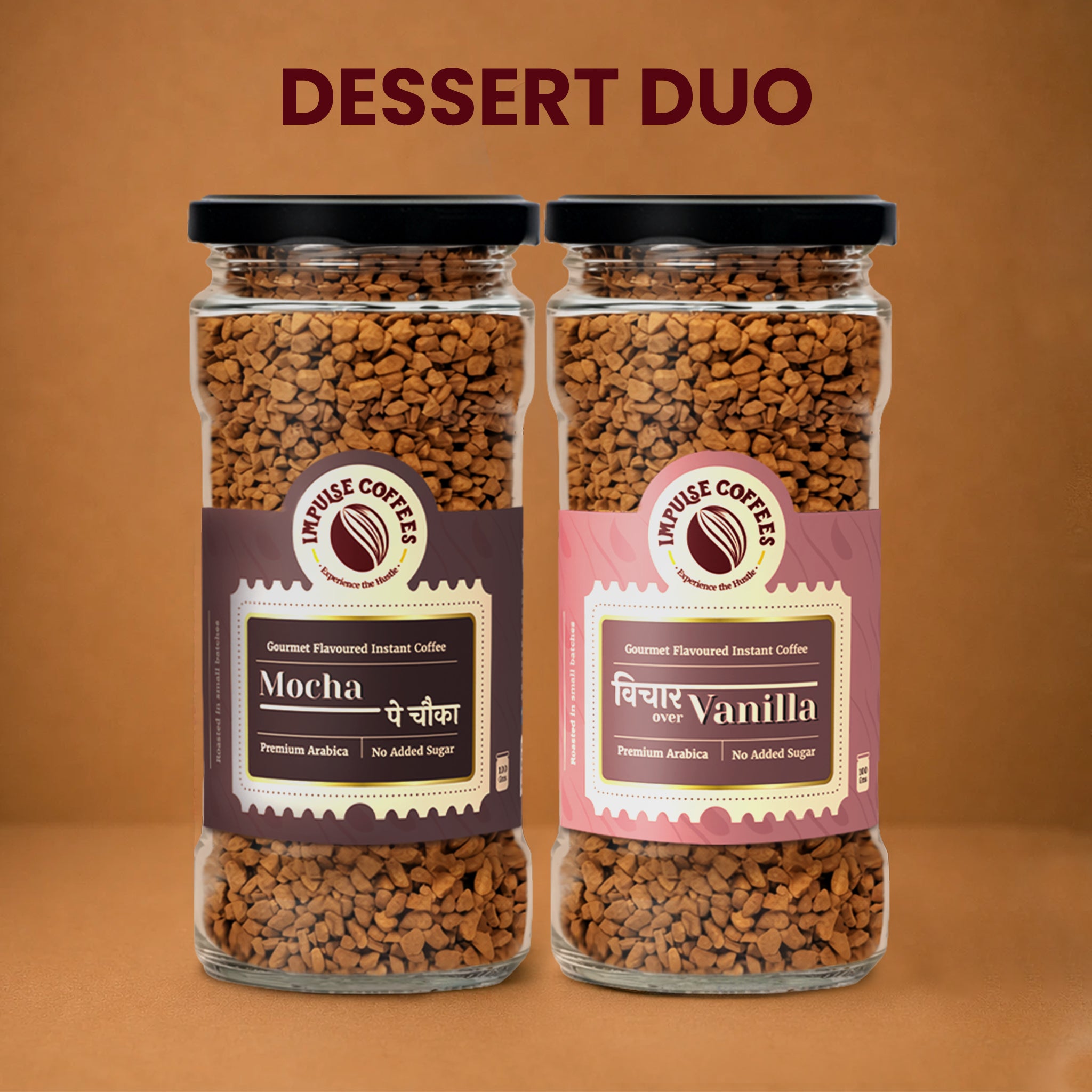 Impulse Coffees Refuel Combo product bundle featuring two glass jars standing side-by-side on a warm brown background: Raat Ki Rani Espresso and Nutkhat Hazelnut premium flavoured instant coffee.