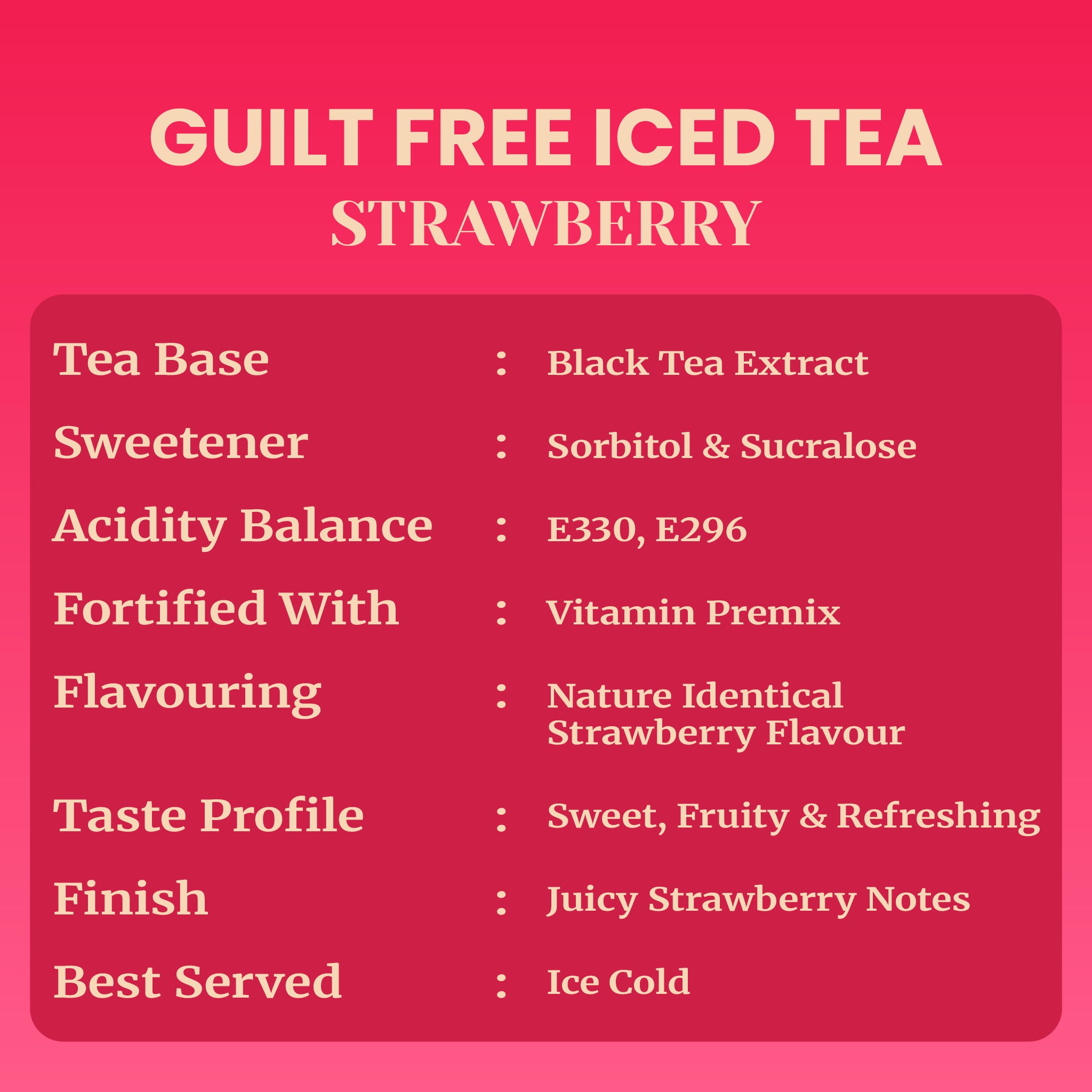 Key ingredient and taste profile breakdown for Impulse Coffees Strawberry Iced Tea showing its black tea extract base, nature-identical fruit flavoring, and a juicy, refreshing finish.