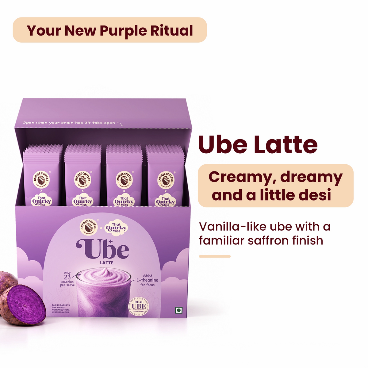 Impulse Coffees x That Quirky Miss Ube Latte product display under "Your New Purple Ritual" banner, showcasing a 20-sachet box (5g each) of vanilla-like ube powder with a saffron finish, 23 calories per serve, and L-theanine for focus.