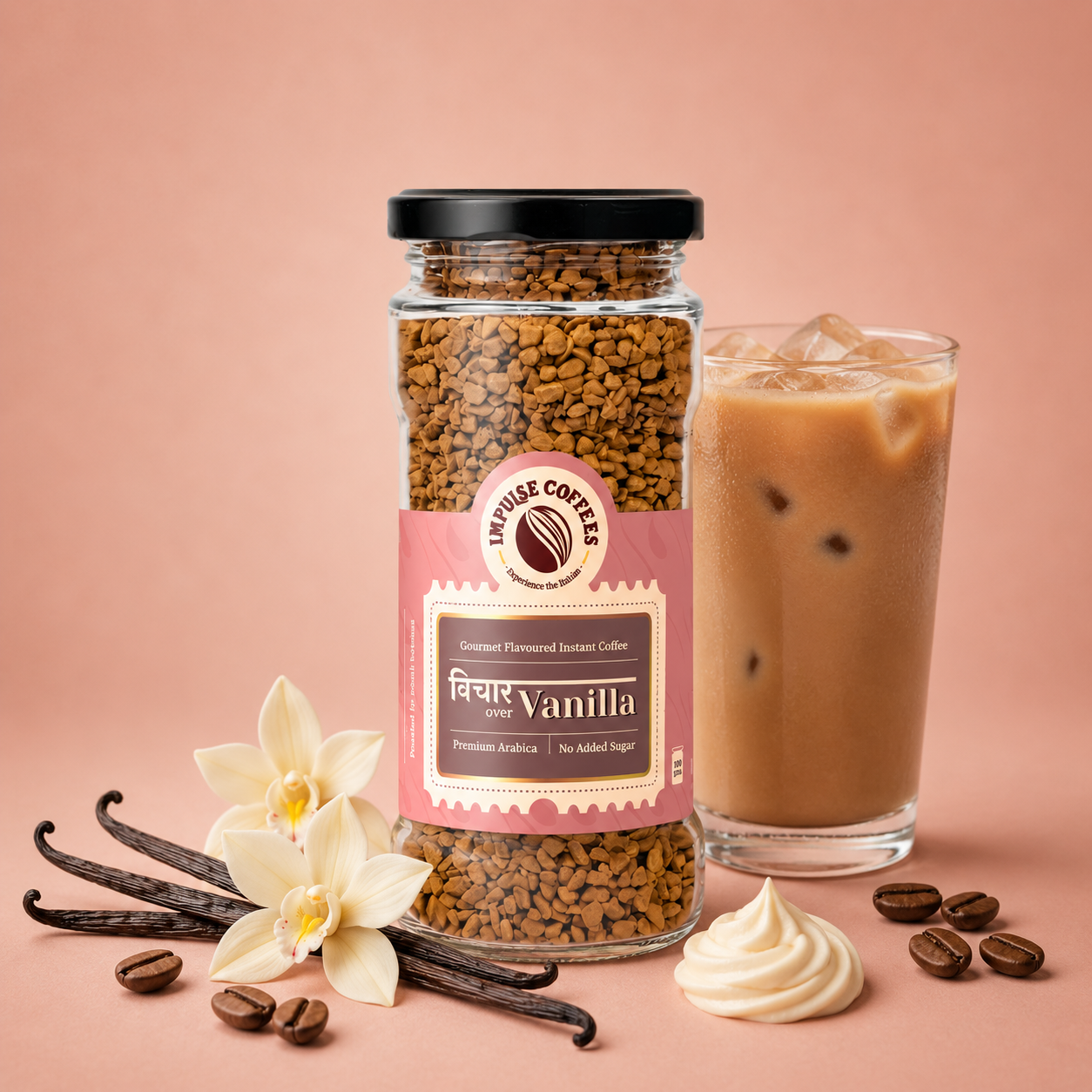 Impulse Coffees Vichaar Over Vanilla flavored instant coffee jar on a soft cream backdrop, surrounded by floating white vanilla orchid flowers, vanilla pods, and roasted coffee beans.