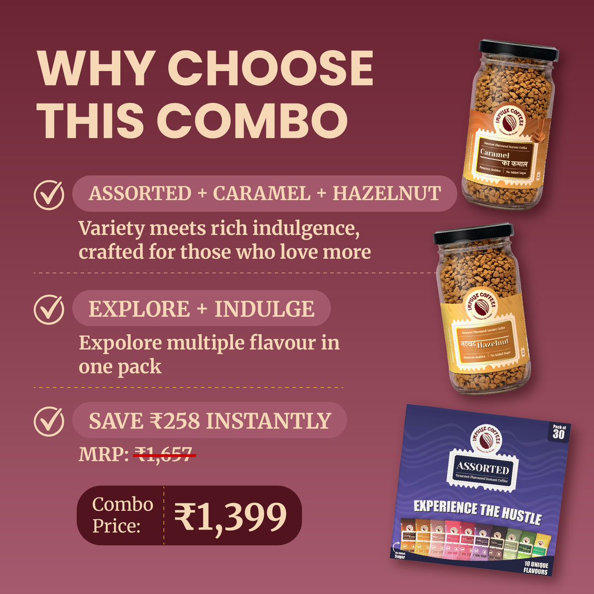Promotional e-commerce infographic for the Impulse Coffees Nutty Crush Combo pack, highlighting an instant savings of ₹258 with a discounted combo price of ₹1,399 for a bundle including a Caramel Ka Kamal jar, a Nutkhat Hazelnut jar, and an Assorted sachet box pack of 30.