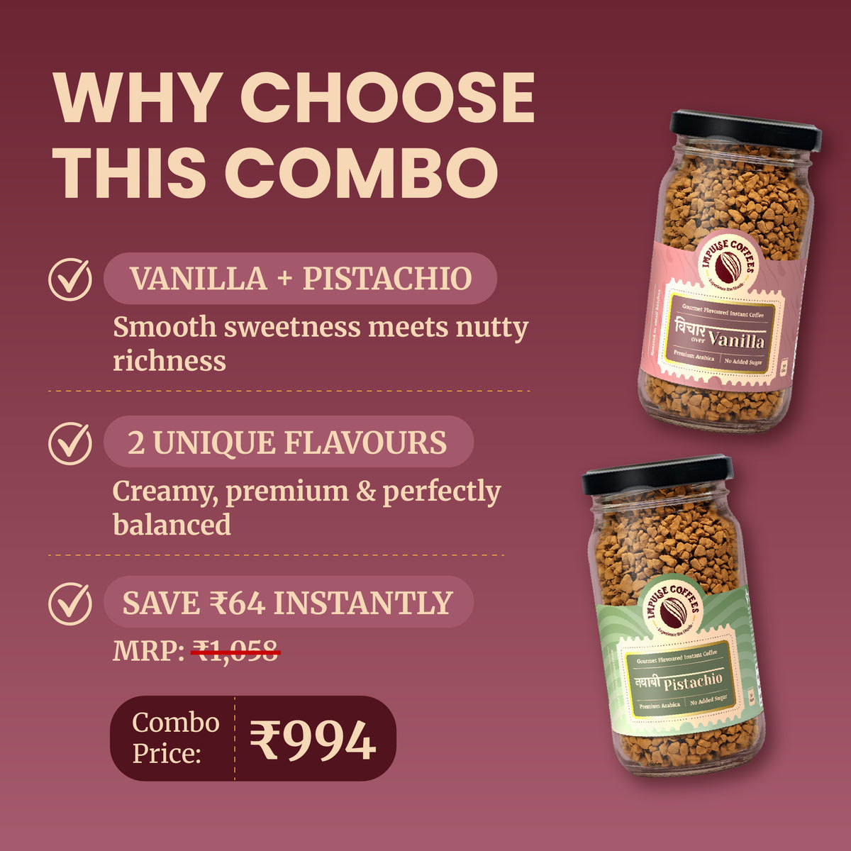 Promotional e-commerce infographic for the Impulse Coffees Nawabi Nazakat combo pack, highlighting an instant savings of ₹64 with a discounted combo price of ₹994 for a bundle containing Vichaar Over Vanilla and Nawabi Pistachio premium coffee jars.