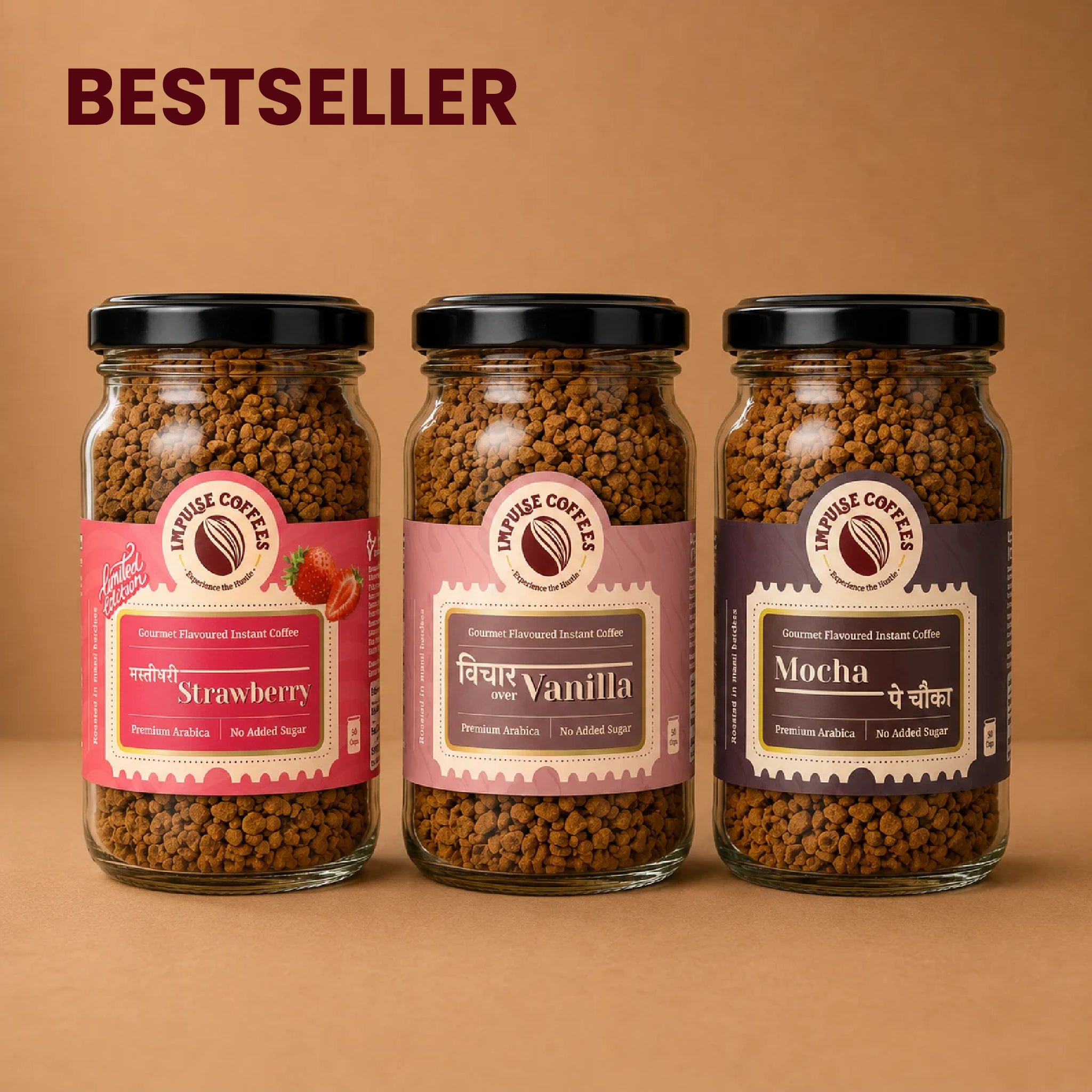 Impulse Coffees Everyone's Favourite Combo premium product bundle featuring three glass jars of bestseller gourmet flavoured instant coffee arranged side-by-side: Mastibhari Strawberry, Vichar Over Vanilla, and Mocha Pe Chauka.