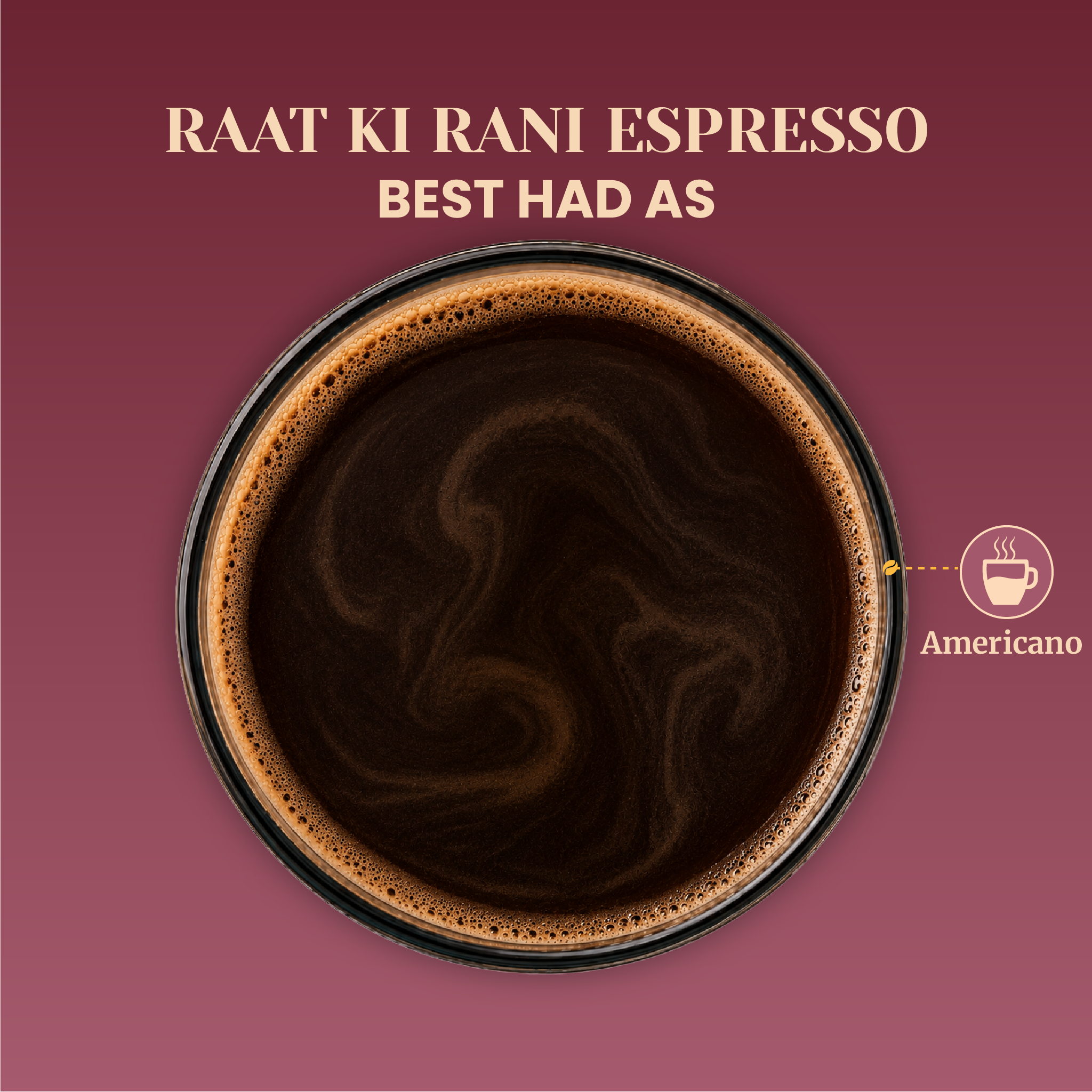 Top-down view of a fresh cup of black coffee showing rich crema swirling on the surface, labeled as Raat Ki Rani Espresso best served as a classic hot Americano.