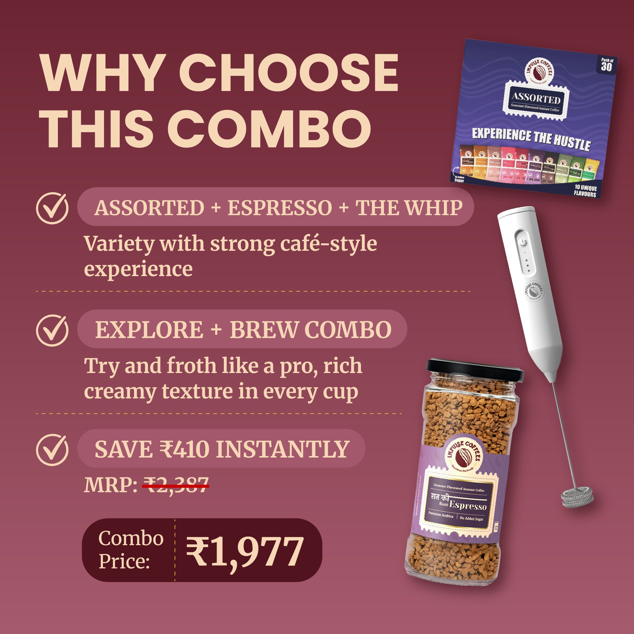 Informational product listing infographic titled Why Choose This Combo for the Impulse Coffees Pre-Workout product bundle, showcasing pricing details, a box of 30 assorted coffee sachets, an electric milk frother whip, and a glass jar of Raat Ki Rani Espresso.