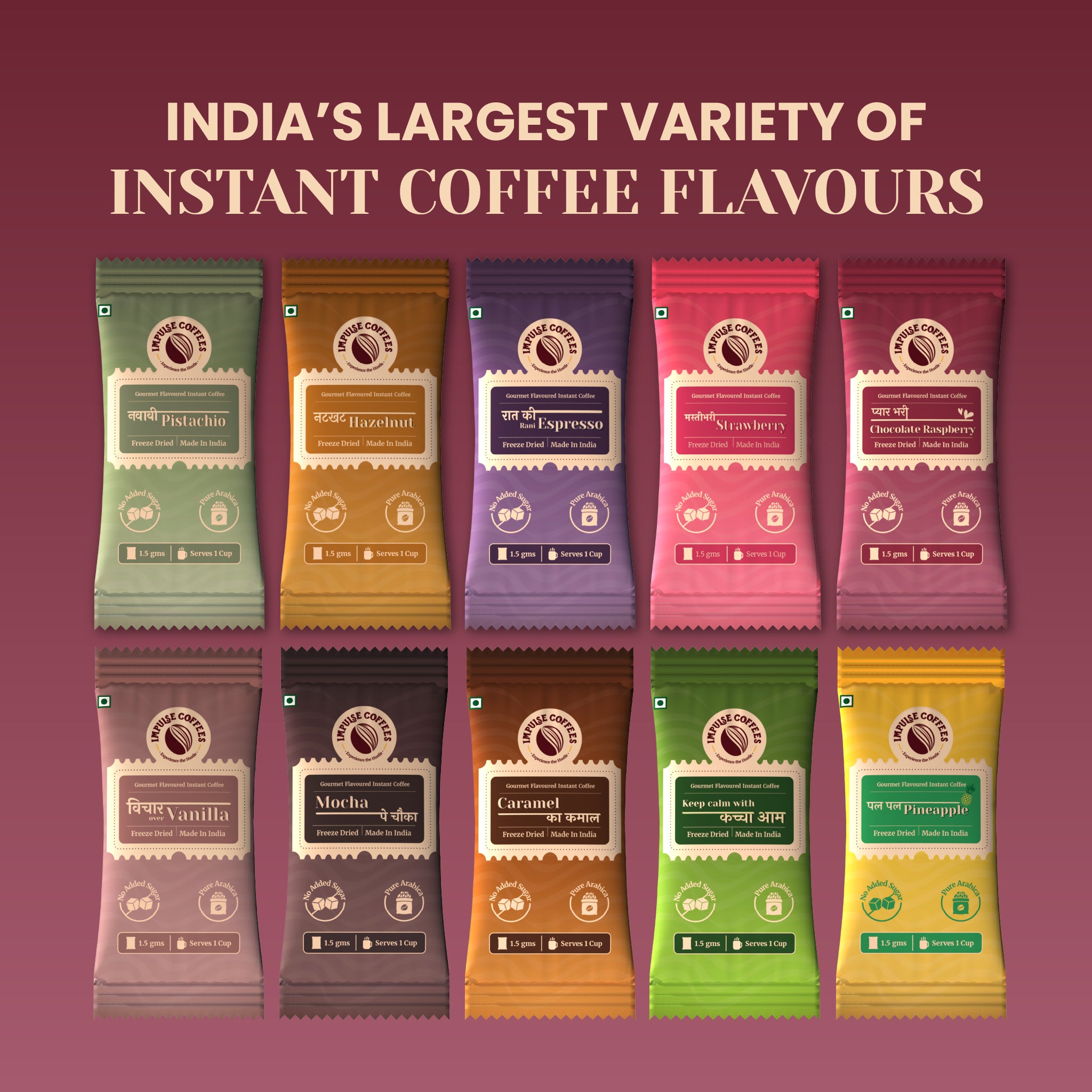 Impulse Coffees 10 assorted gourmet flavored instant coffee sachets from Impulse Coffees highlighting flavors like Nawabi Pistachio, Nutkhat Hazelnut, Raat Ki Rani Espresso, Mastibhari Strawberry, and Pyarbhari Chocolate Raspberry.