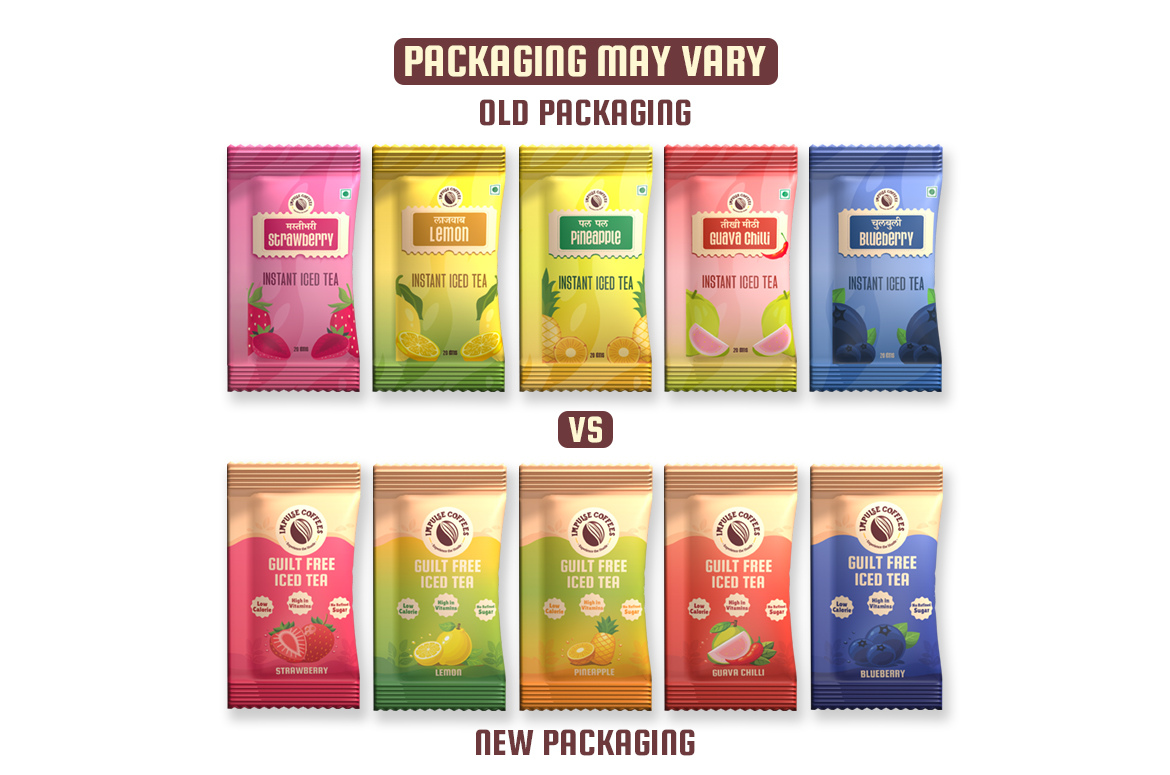 Impulse Coffees updated packaging design for Guilt Free Iced Tea sachets, showing the visual transition to new branding.