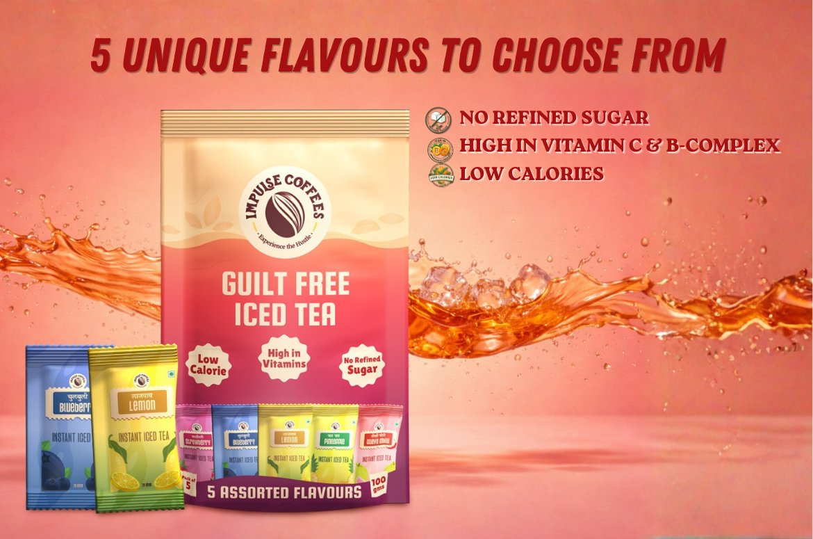 Impulse Coffees assorted pack of 5 sugar-free iced tea sachets including Strawberry, Blueberry, Lemon, Pineapple, and Guava Chilli flavors.