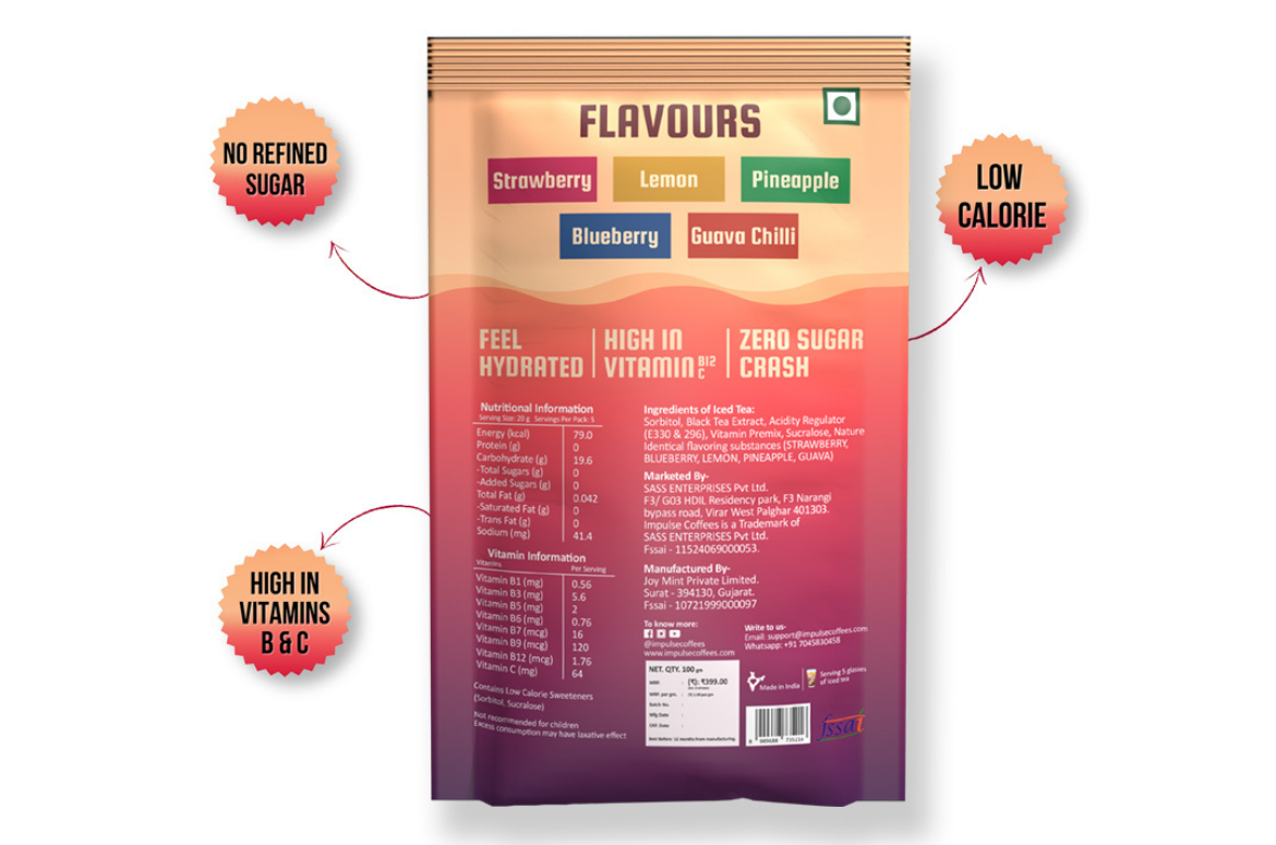 Nutritional information and ingredients label for Impulse Coffees Guilt-Free Instant Iced Tea, highlighting zero sugar, low calories, and Vitamin B & C content.