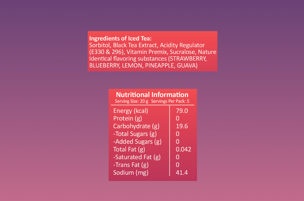 Detailed nutritional facts and ingredient list for Impulse Coffees sugar-free instant iced tea, showing 0g added sugar and Vitamin B & C enrichment.