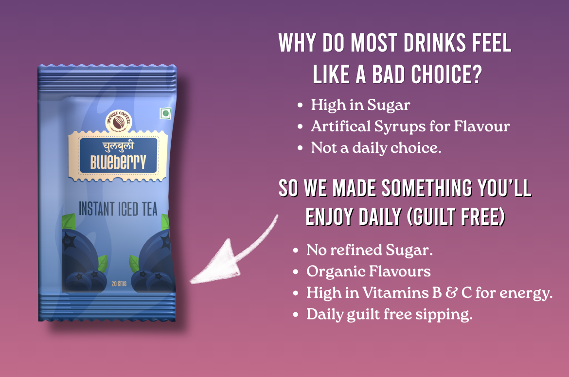 Impulse Coffees Blueberry instant iced tea sachet showing key benefits: no refined sugar, organic flavors, and high in Vitamins B and C.