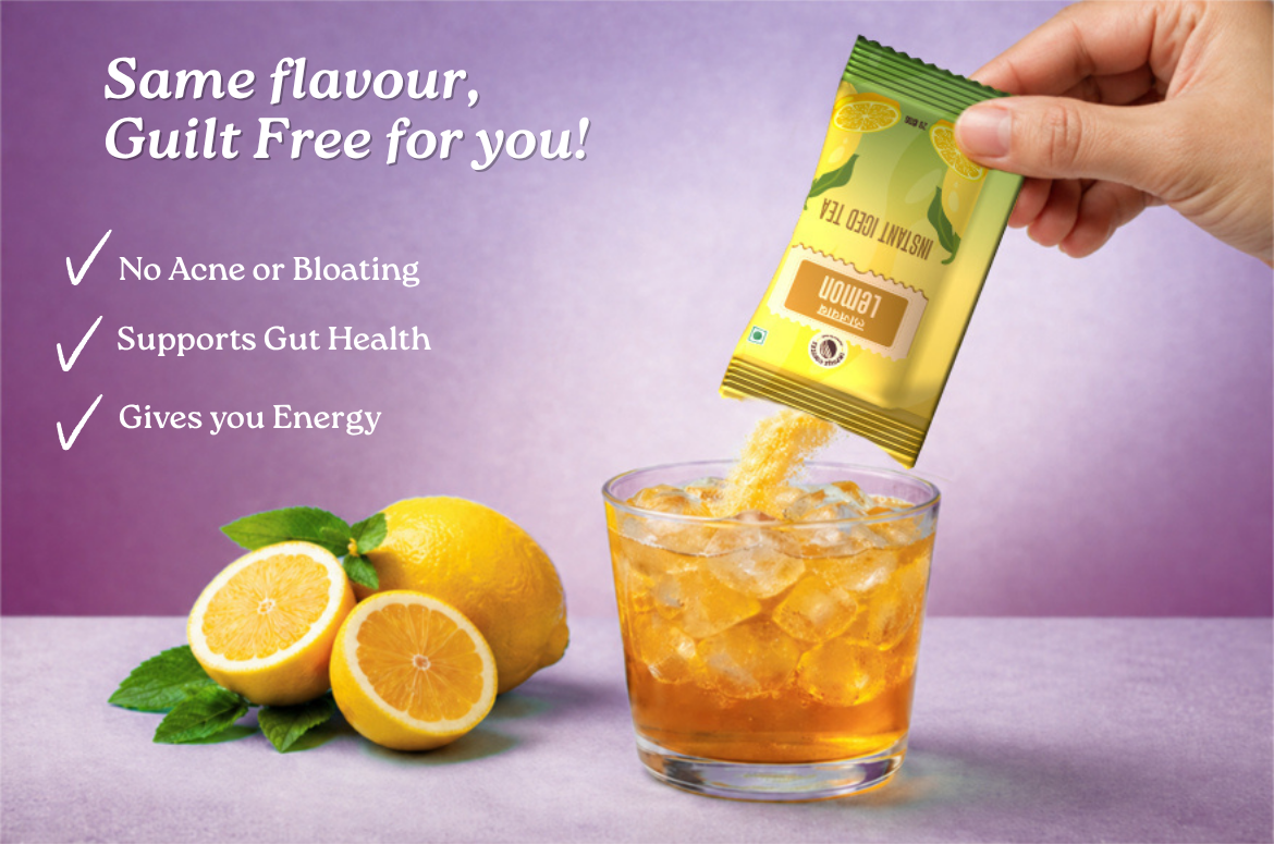 A hand pouring Impulse Coffees Lemon instant iced tea sachet into a glass of ice water, highlighting benefits for gut health and energy.
