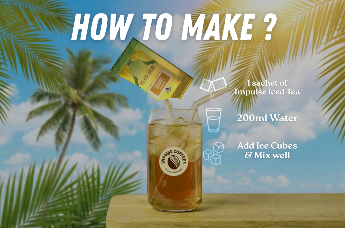 Instructions for making Impulse Coffees instant iced tea: mix 1 sachet in 200ml water and add ice cubes for a refreshing sugar-free drink.