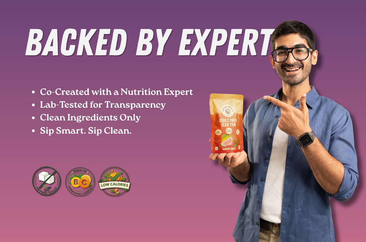 Zealocity holding Impulse Guava Chilli Guilt Free Iced Tea package with text about expertise and transparency on a purple background