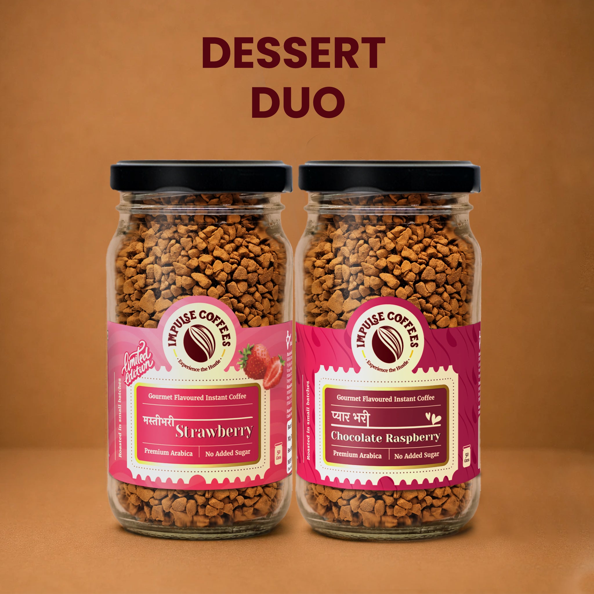 Impulse Coffees Berry Delight Combo product bundle featuring two glass jars standing side-by-side on a warm brown background: Vichaar Over Vanilla and Pyarbhari Chocolate Raspberry gourmet flavoured instant coffee.