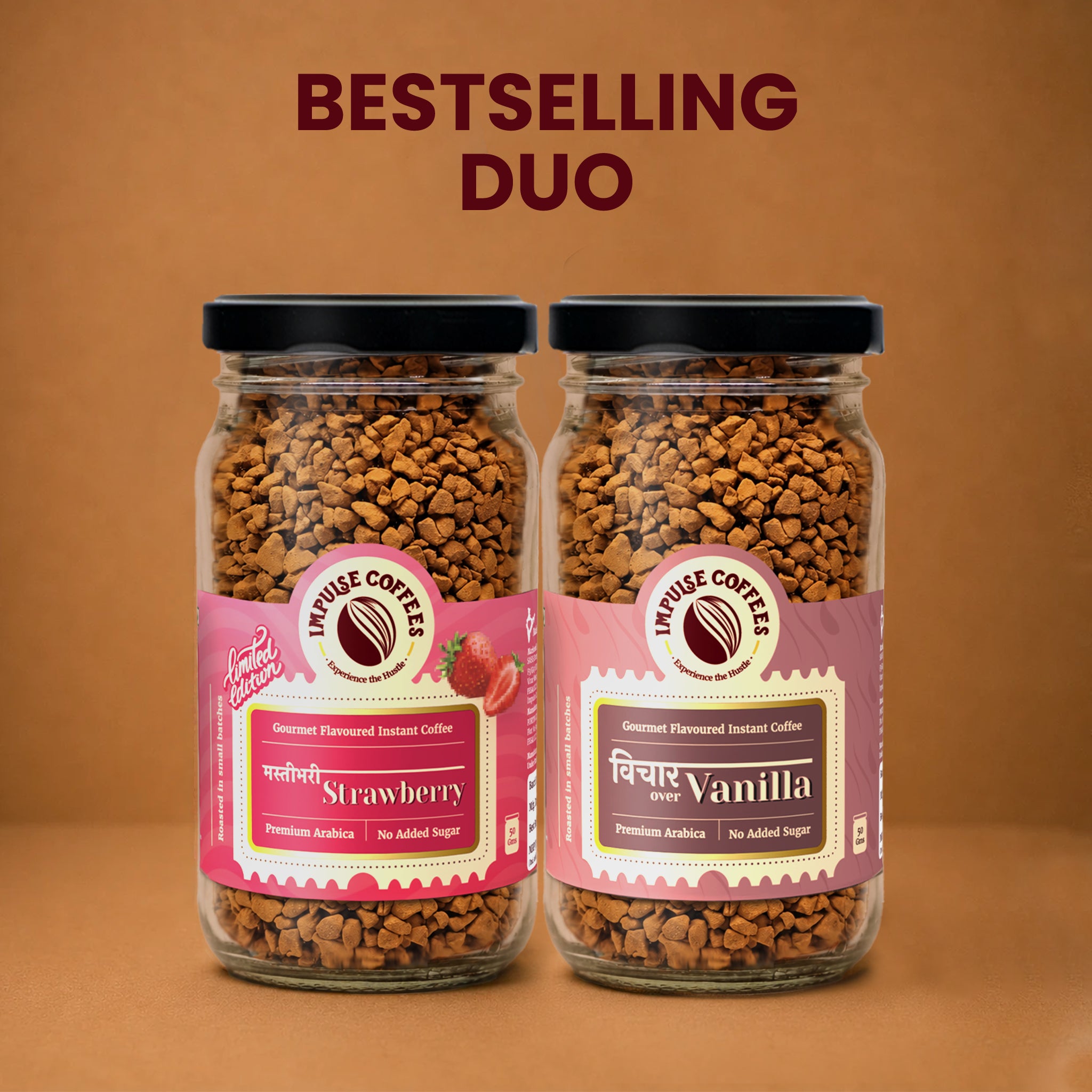 Impulse Coffees Whip's Express Power Duo bundle showcasing a premium glass jar of Raat Ki Rani Espresso gourmet flavoured instant coffee standing next to a white electronic rechargeable milk frother against a warm brown studio background.
