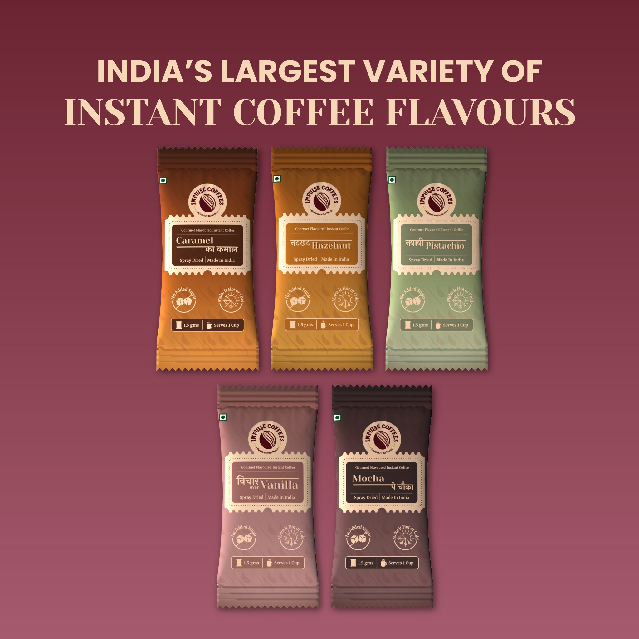 A curated assortment of 5 bestselling single-serve gourmet instant coffee sachets from Impulse Coffees arranged on a deep maroon background, featuring Caramel Ka Kamal, Nutkhat Hazelnut, Nawabi Pistachio, Vichar Over Vanilla, and Mocha Pe Chauka.