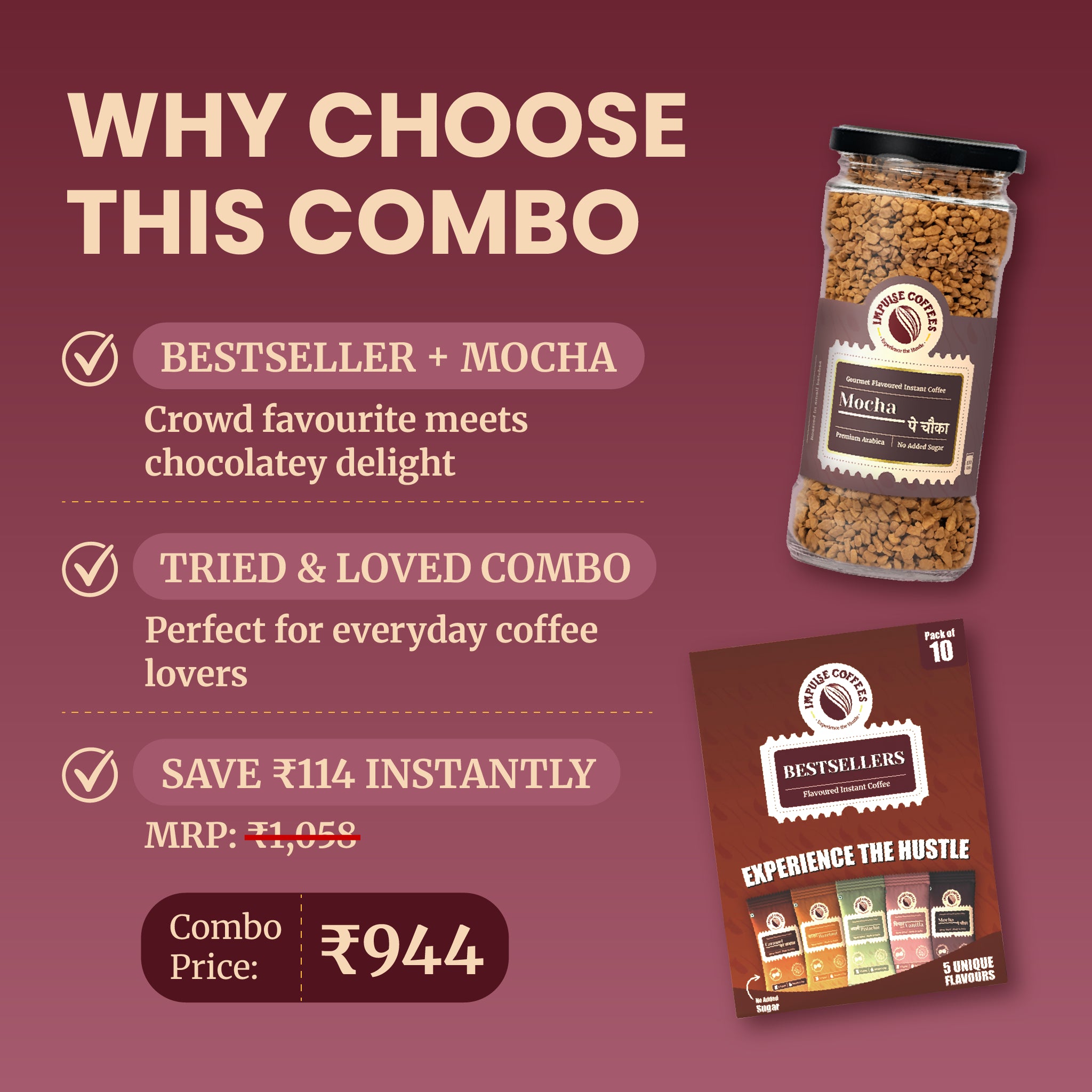 Impulse Coffees Bestsellers combo offer featuring a glass jar of Mocha Pe Chauka flavoured instant coffee next to a pack of 10 assorted trial sachets with pricing details.