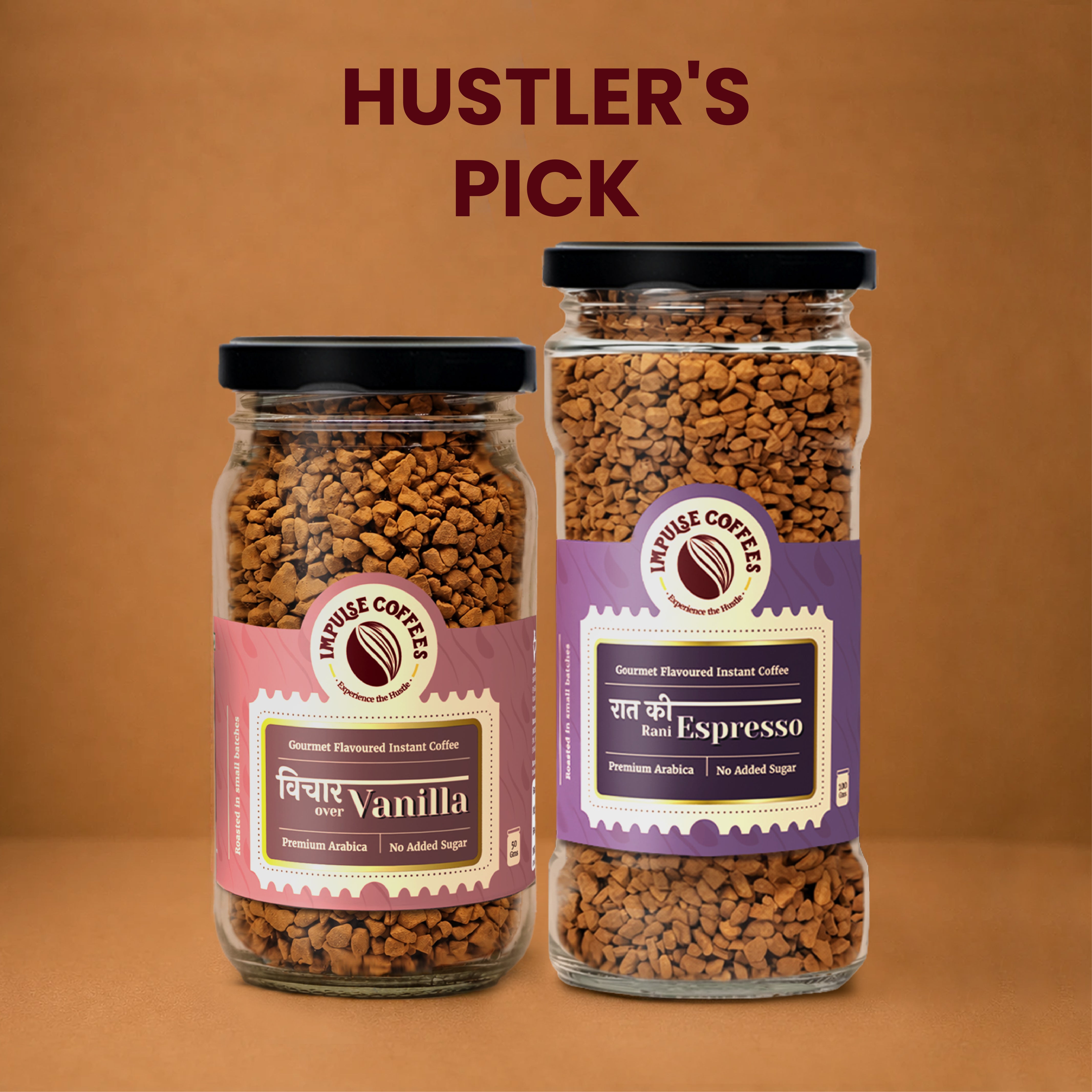 Impulse Coffees Bittersweet Combo product bundle featuring a twin set of glass jars standing side-by-side on a warm brown background: Raat Ki Rani Espresso and Pyarbhari Chocolate Raspberry gourmet flavoured instant coffee.