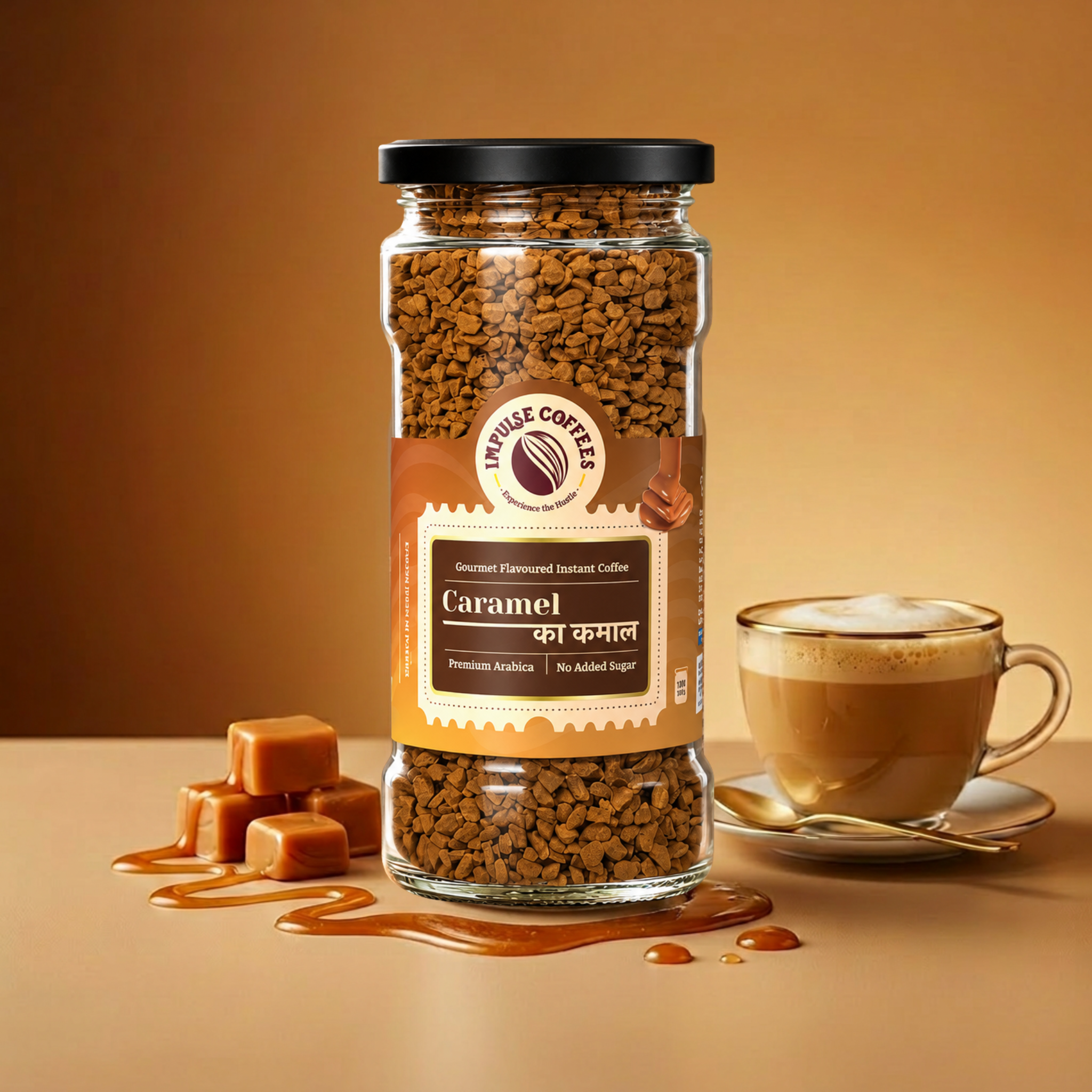 Impulse Coffees Caramel Ka Kamal flavored instant coffee jar on a premium brown backdrop, surrounded by floating caramel cubes, liquid caramel drizzle swirls, and roasted coffee beans.