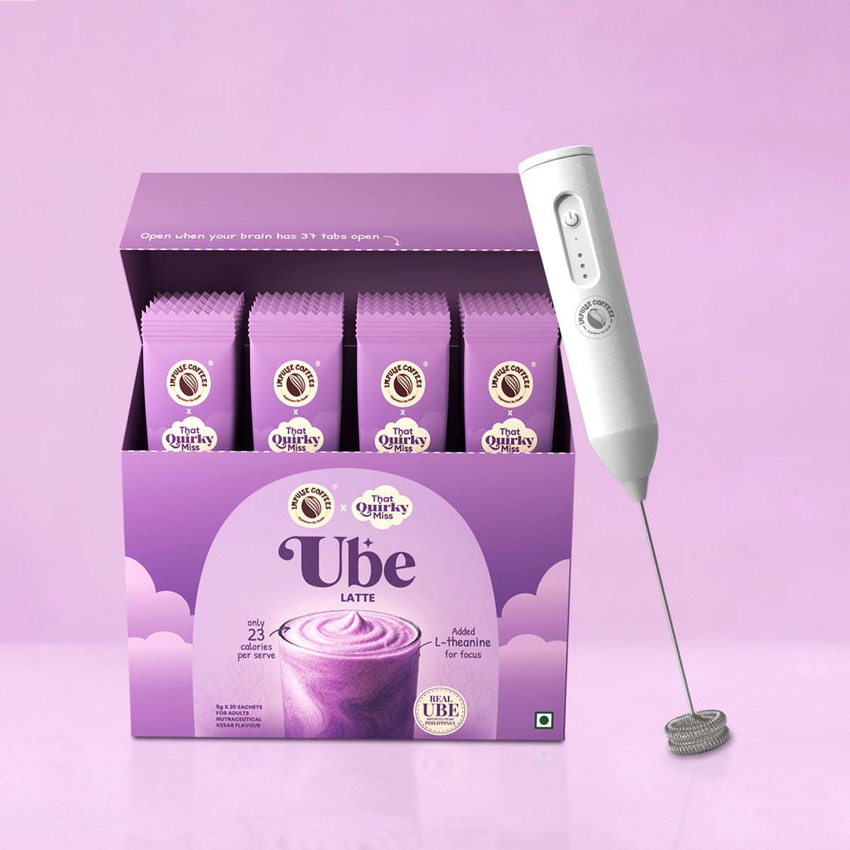 Impulse Coffees Ube Latte box combo with handheld white electric milk frother