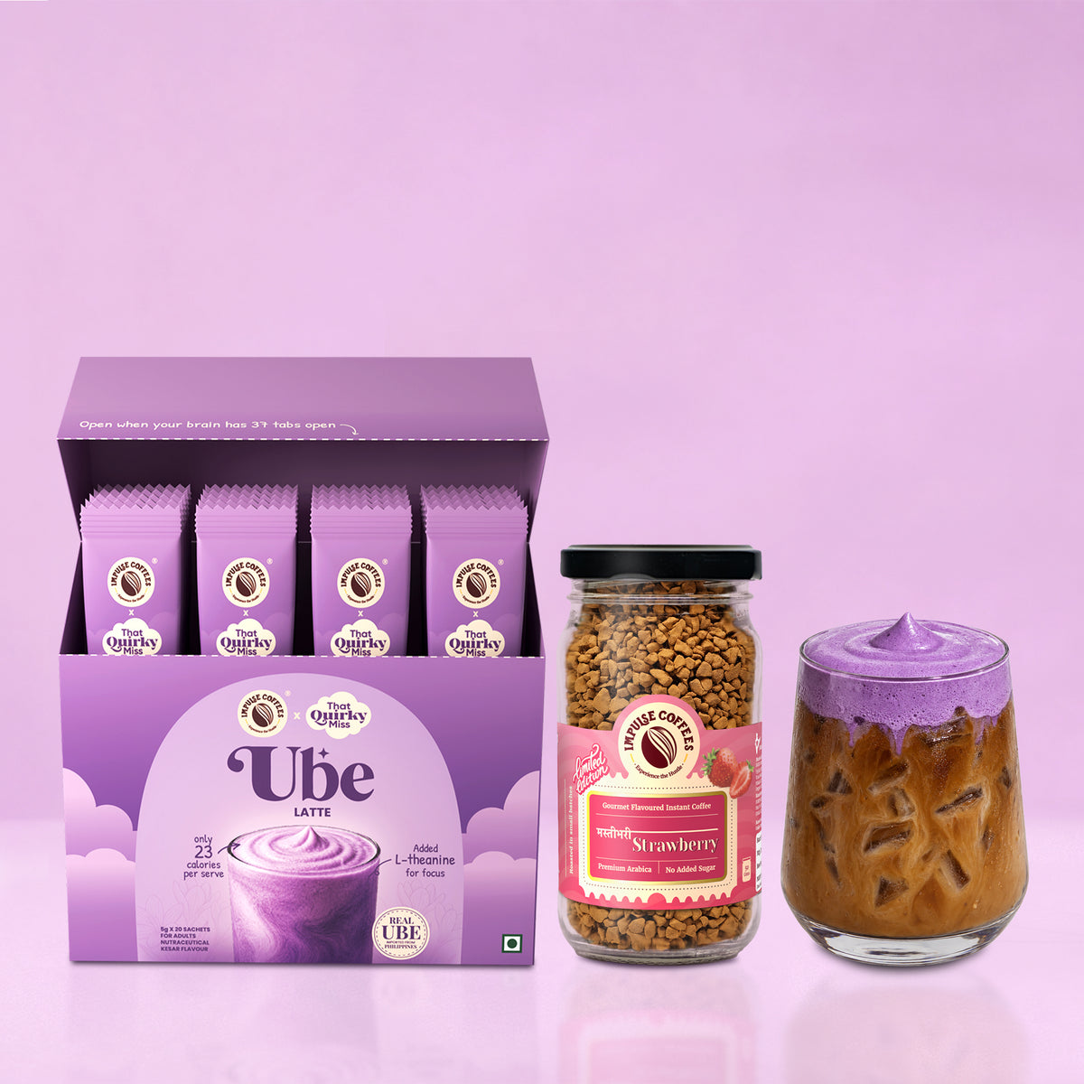 Impulse Coffees Ube Latte box combo with Mastibhari Strawberry coffee jar and iced purple ube coffee glass