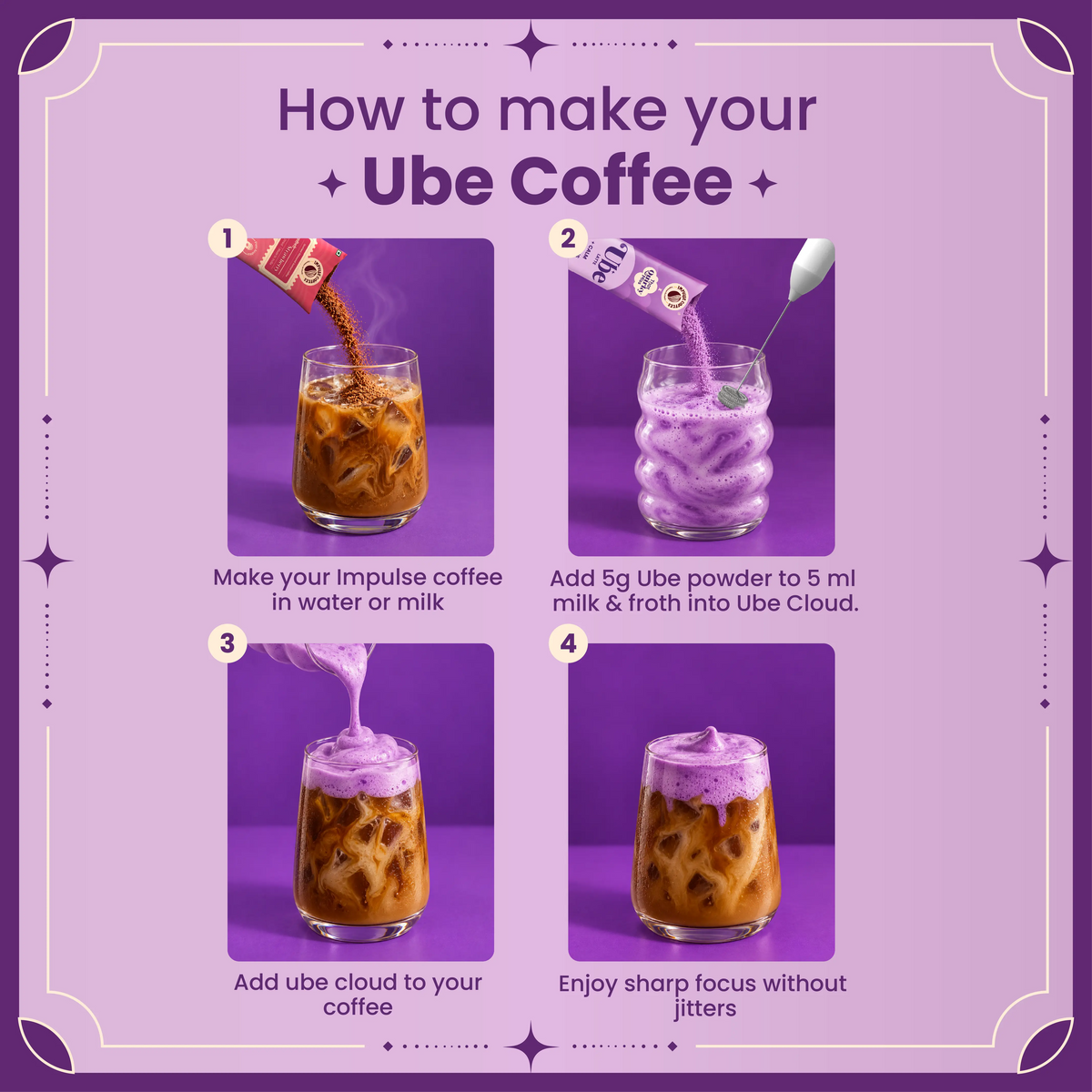 4-step recipe guide to prepare iced Ube Coffee using Strawberry coffee topped with purple ube froth