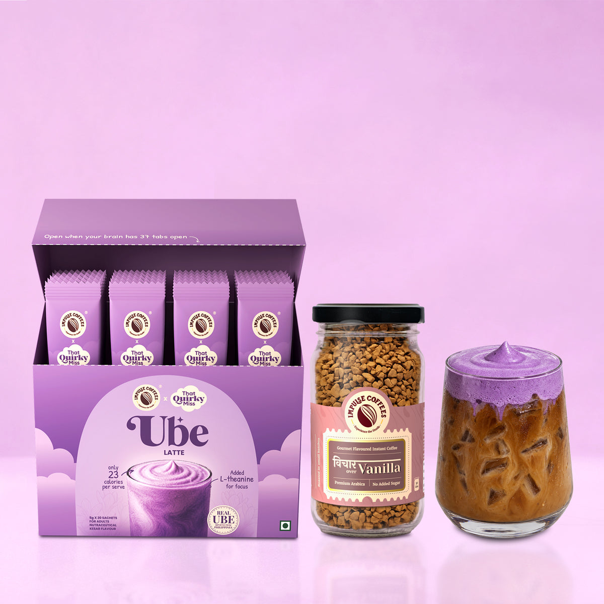 Impulse Coffees Ube Latte box combo with Vichaar Over Vanilla coffee jar and layered iced ube coffee