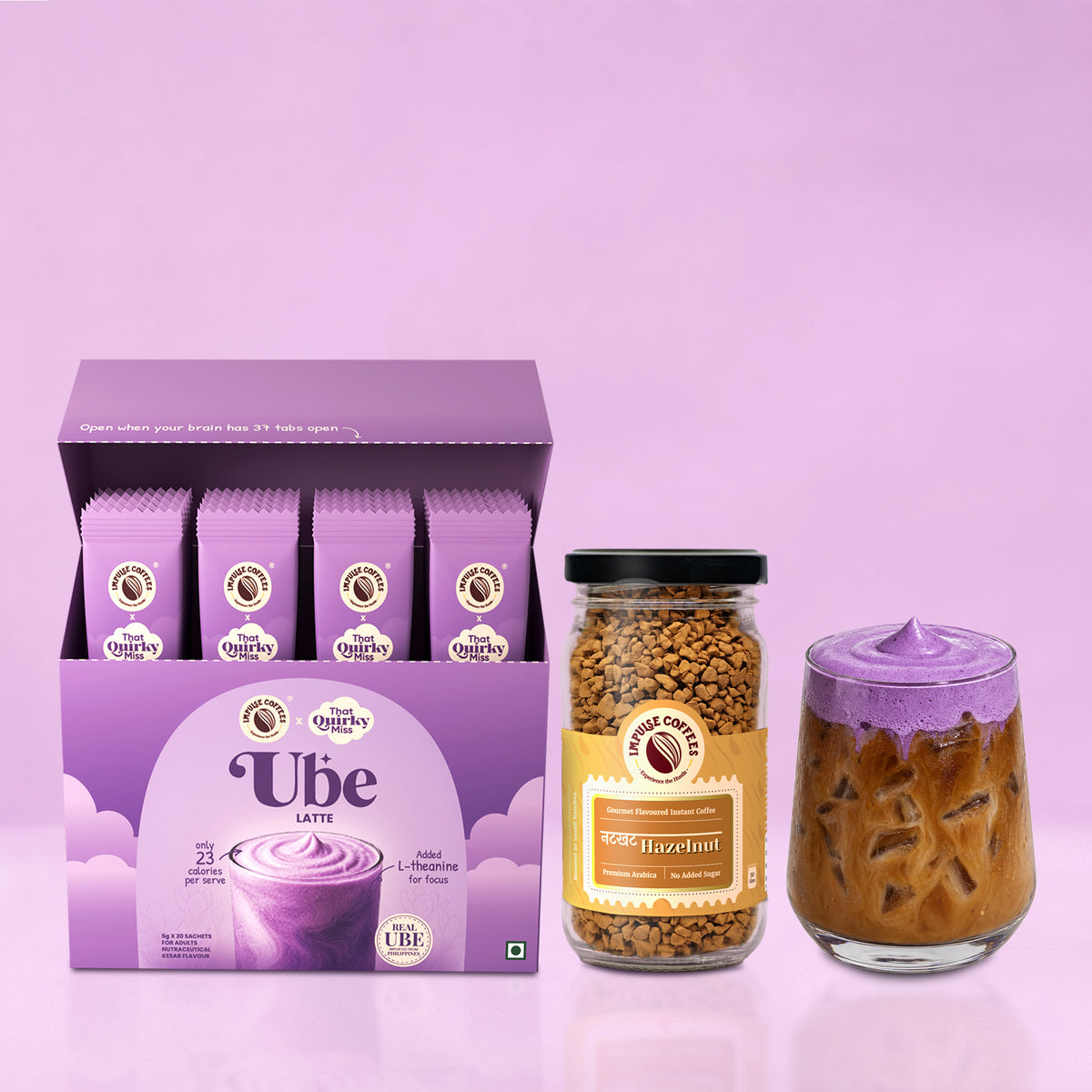 Impulse Coffees Ube Latte box combo with Natkhat Hazelnut coffee jar and iced purple ube coffee glass