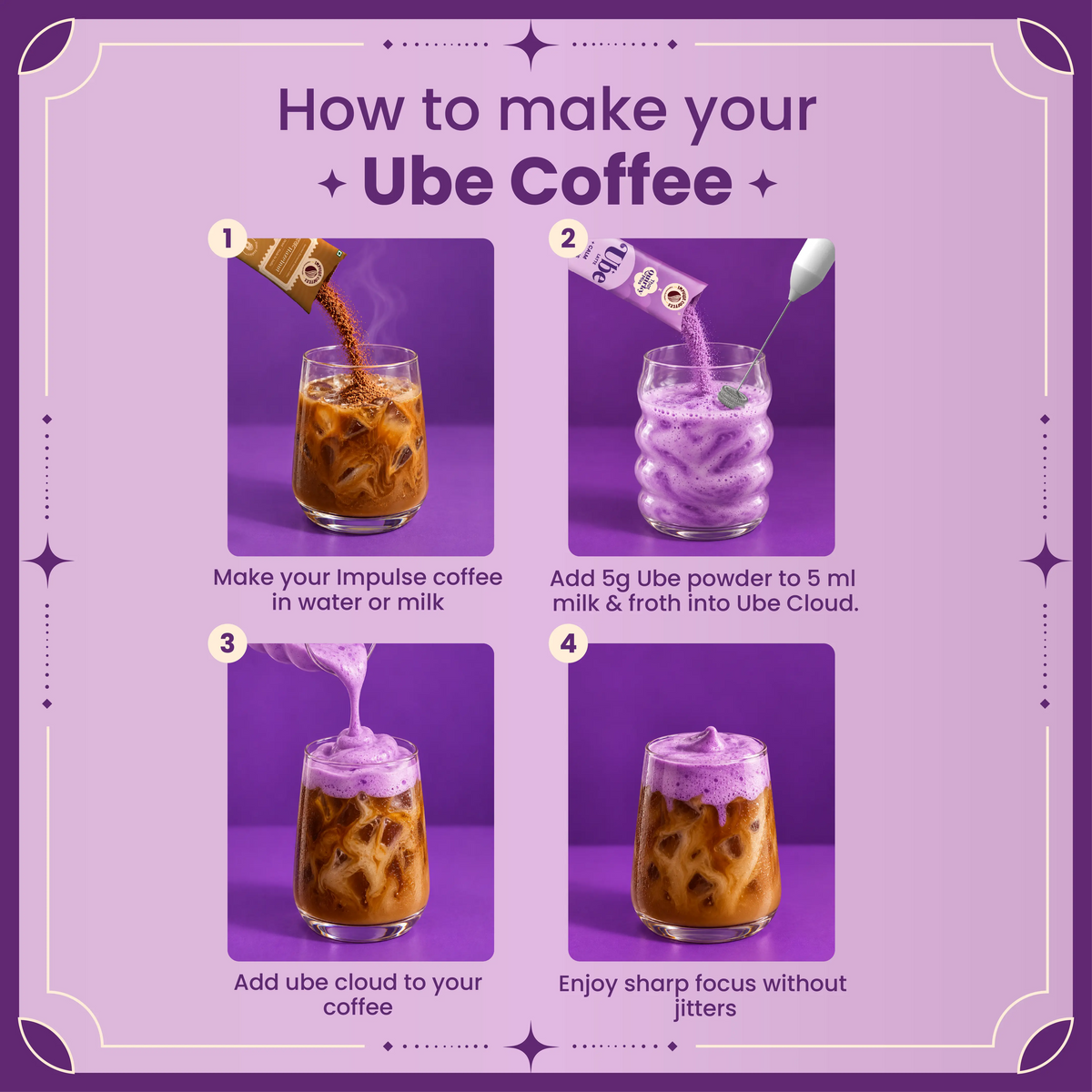4-step recipe guide to prepare iced Ube Coffee using Hazelnut coffee topped with purple ube froth