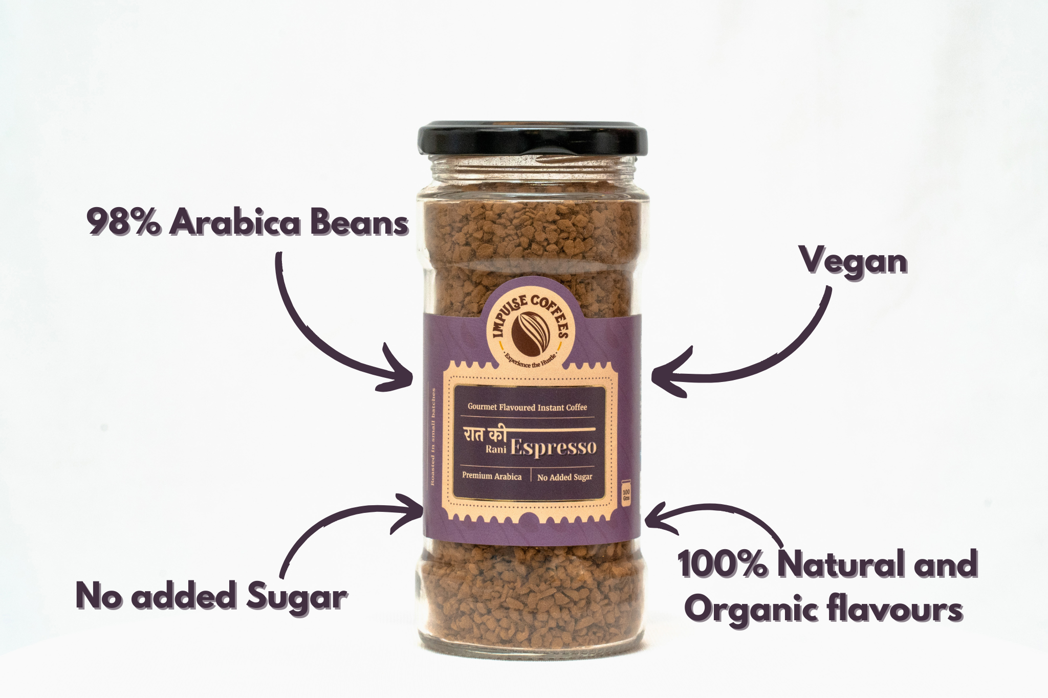 Jar of espresso coffee with labels indicating 98% Arabica Beans, Vegan, No added Sugar, and 100% Natural and Organic Flavours.