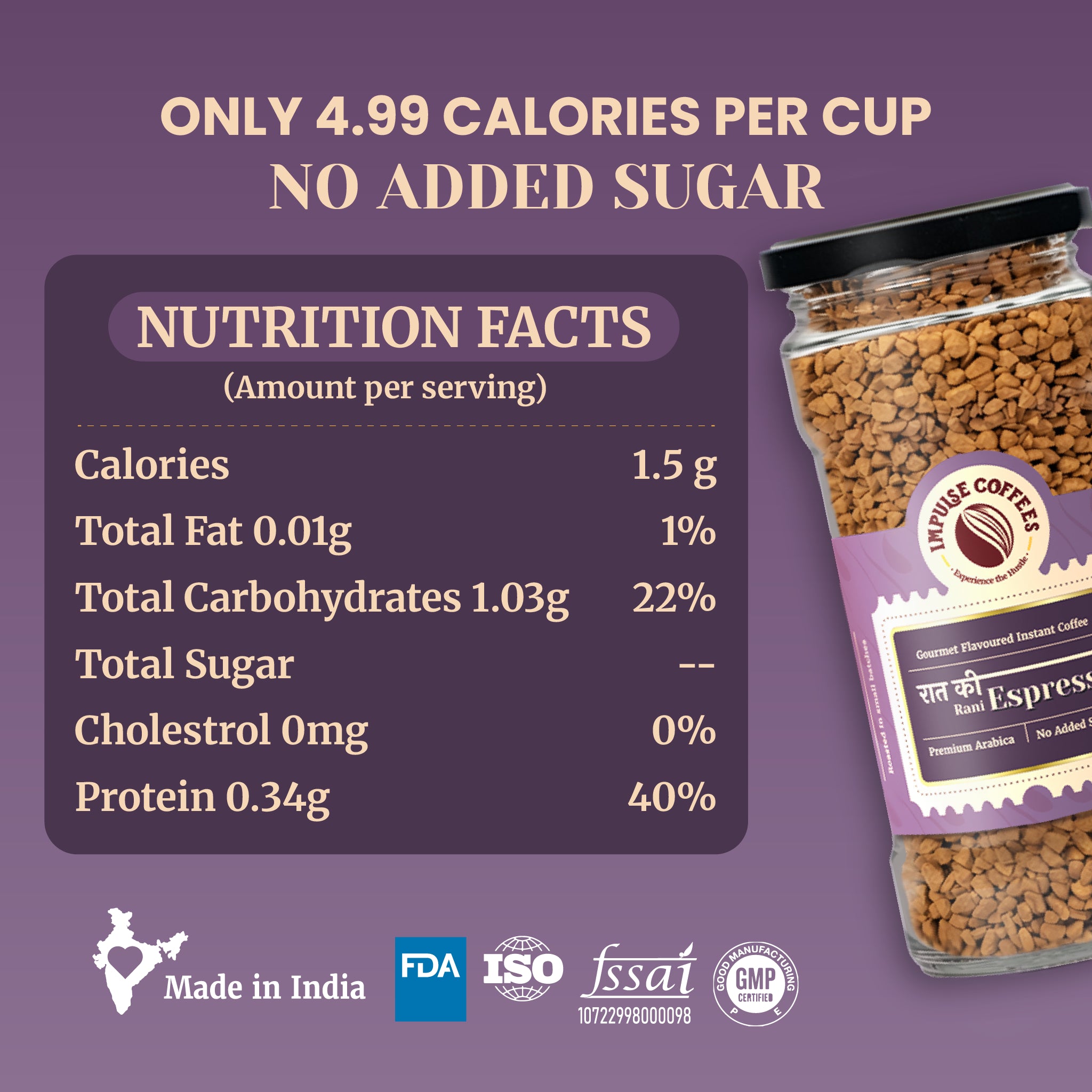 Nutritional information chart for Impulse Coffees Raat Ki Rani Espresso flavored instant coffee indicating 4.99 calories per cup and zero added sugar. The dark purple serving breakdown card lists 1.5g calories, 0.01g total fat, 1.03g total carbohydrates, 0mg cholesterol, and 0.34g protein next to a large glass jar filled with premium freeze-dried coffee granules. Features regulatory trust badges at the bottom for Made in India, FDA, ISO, FSSAI, and GMP certification.