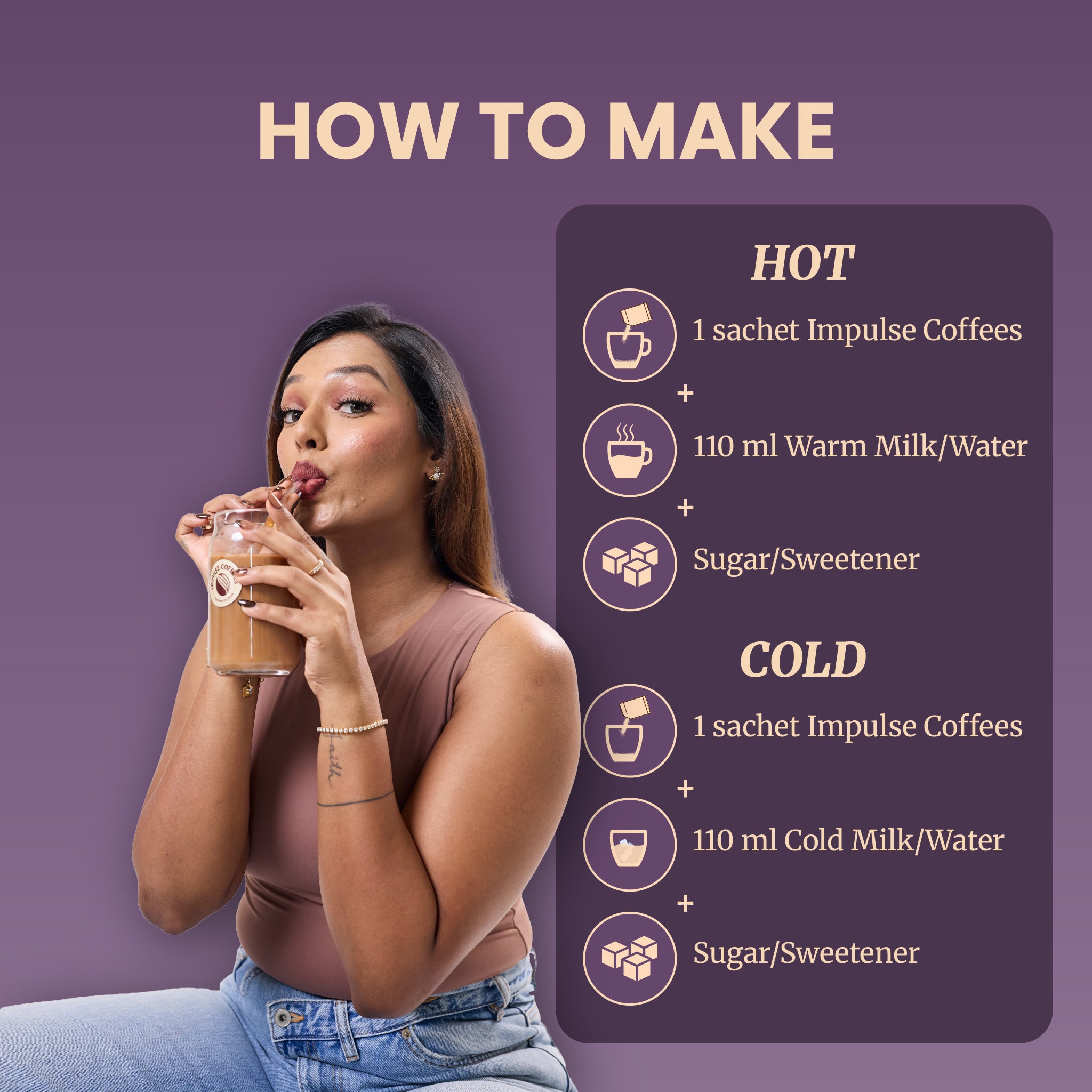 Step-by-step recipe guide infographic showing how to make hot or cold Impulse Coffees. Sarah Sarosh sips a cold coffee drink from a glass jar next to a recipe card on a purple background. The instructions for both hot and cold preparations call for 1 sachet of Impulse Coffees, 110 ml of warm or cold milk/water, and sugar or sweetener to taste.