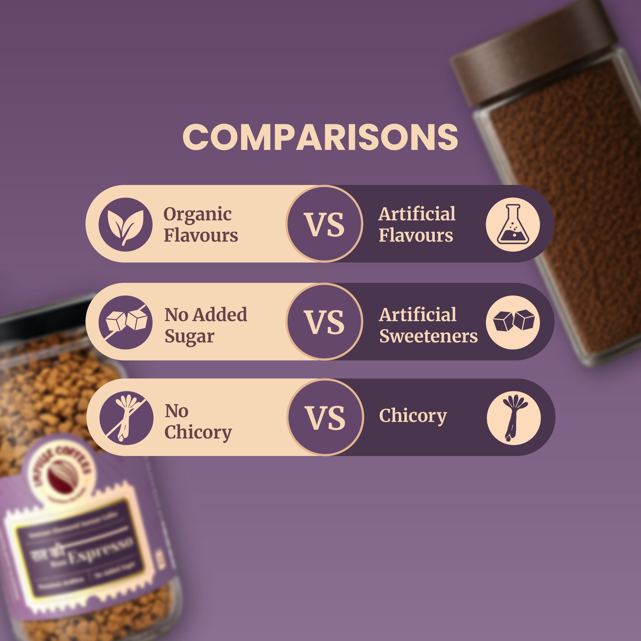 Comparison chart infographic contrasting Impulse Coffees premium Raat Ki Rani Espresso instant coffee against standard options. Side-by-side comparisons highlight organic flavors versus artificial flavors, no added sugar versus artificial sweeteners, and pure coffee with no chicory versus chicory blends, set against a purple background with coffee jars.