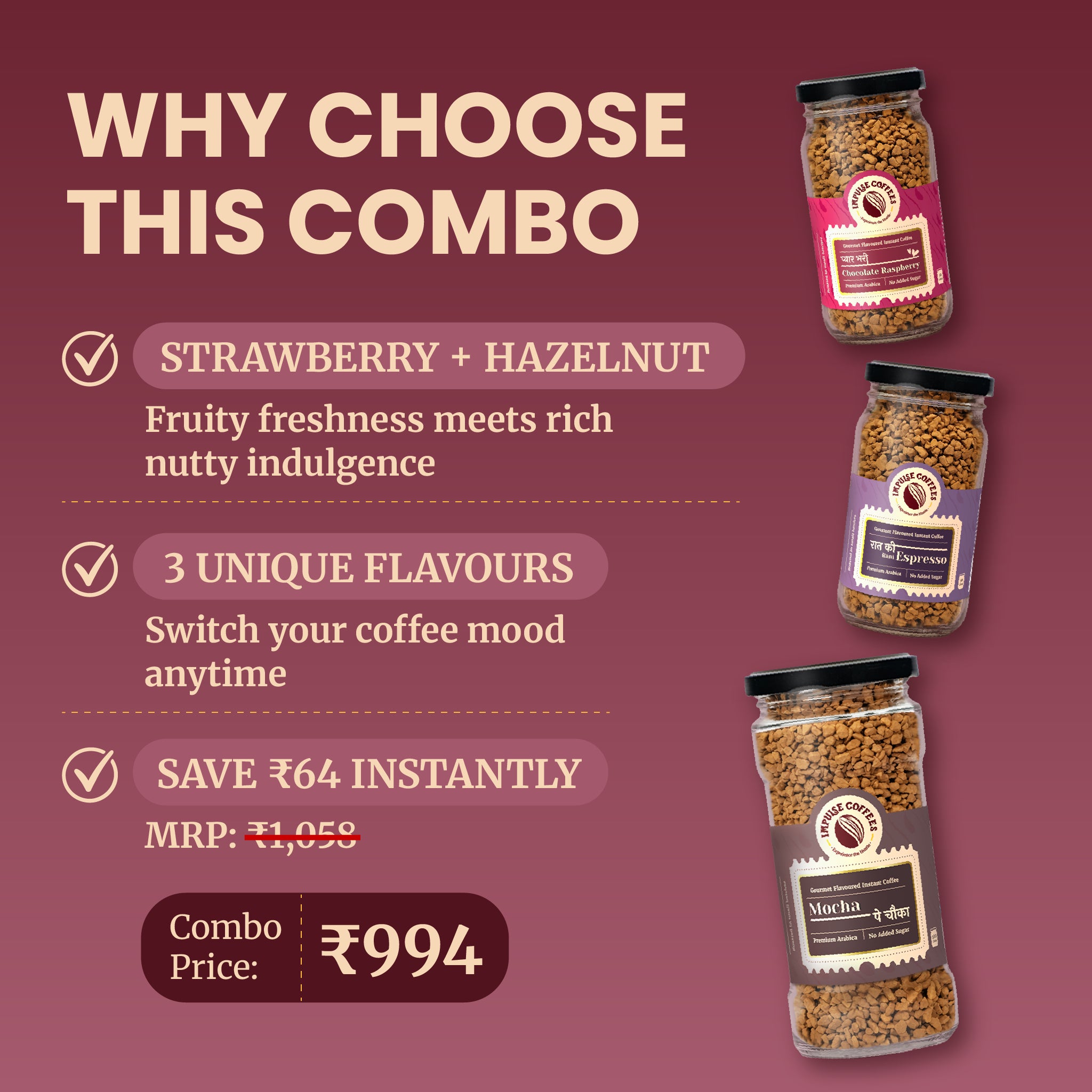 E-commerce marketing infographic for the Impulse Coffees Founder's Favourite Bundle showing three premium instant coffee jars—Chocolate Raspberry, Espresso, and Mocha—offering a discounted combo price of ₹994 with an instant savings of ₹64.