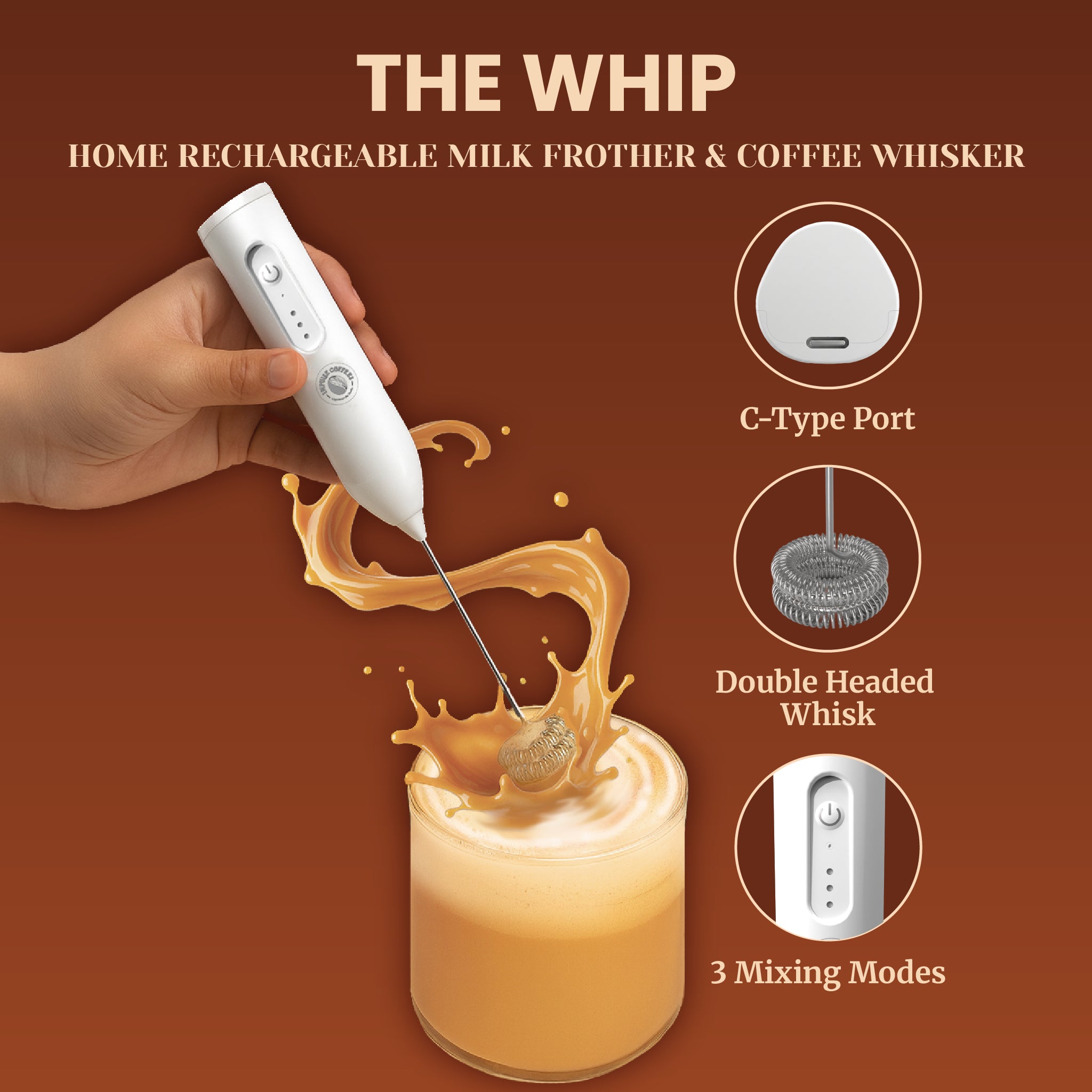 Handheld kitchen gadget infographic titled The Whip Home Rechargeable Milk Frother & Coffee Whisker by Impulse Coffees. Features a hand immersion-blending an instant coffee drink creating a dynamic splash of creamy brown latte. Right side features detailed circular product macro shots showcasing the bottom C-Type charging port, the durable double-headed whisk attachment, and the ergonomic 3 mixing modes handle button interface.