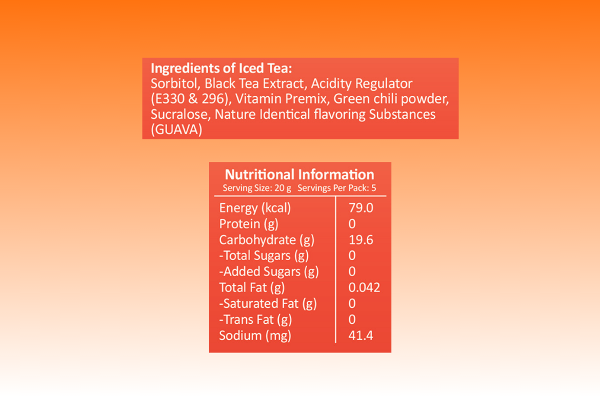 Nutritional facts and ingredients for Impulse Coffees Guava Chilli iced tea, highlighting zero added sugar, Vitamin B & C, and natural guava flavor.