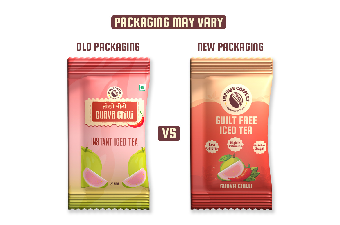 Impulse Coffees updated branding comparison for Guava Chilli instant iced tea, showing the transition from old to new packaging design.
