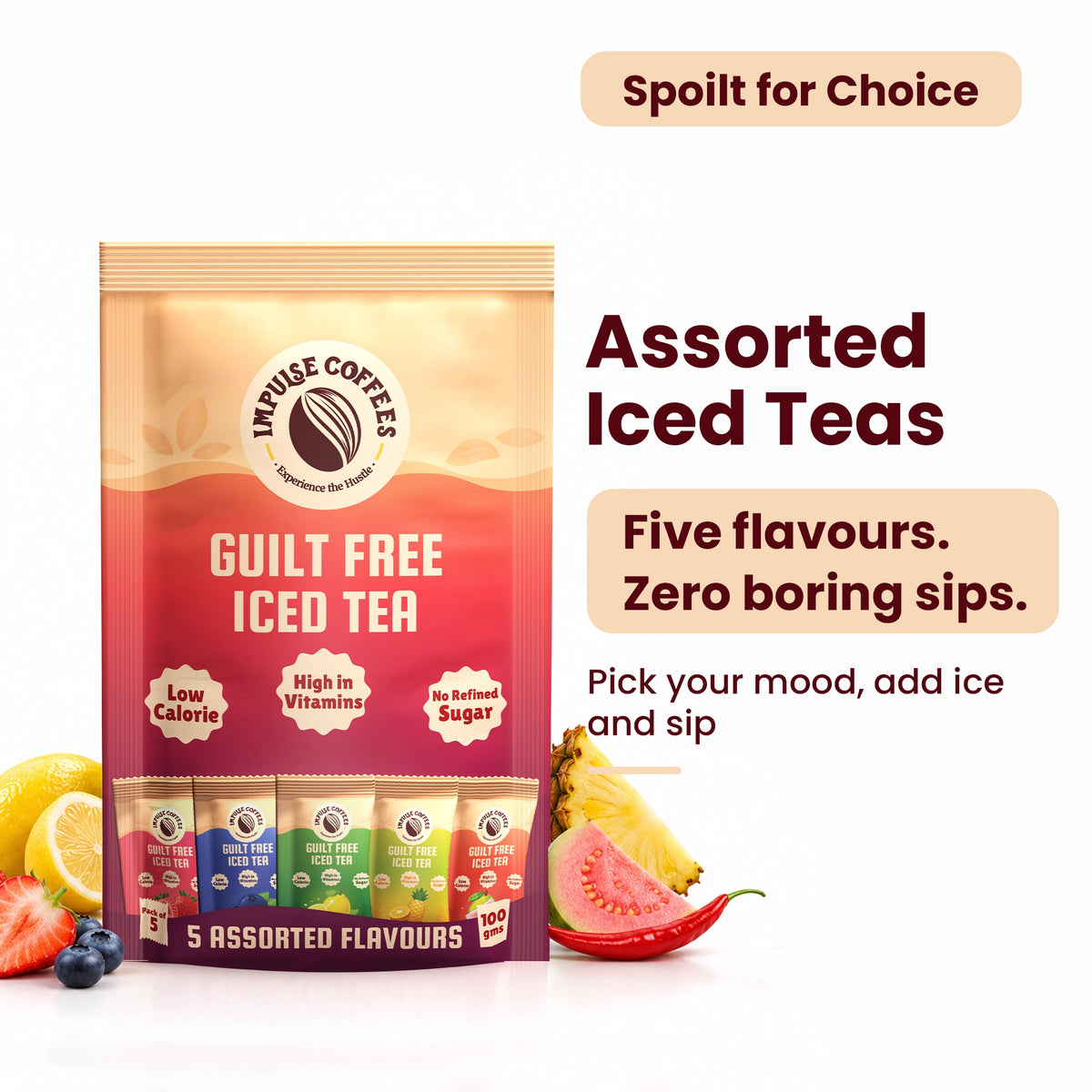 Impulse Coffees Guilt Free Assorted Iced Teas 100g multipack containing 5 individual sachets of Strawberry, Blueberry, Lemon, Pineapple, and Guava Chilli flavours, featuring low calorie, high in vitamins, and no refined sugar badges.