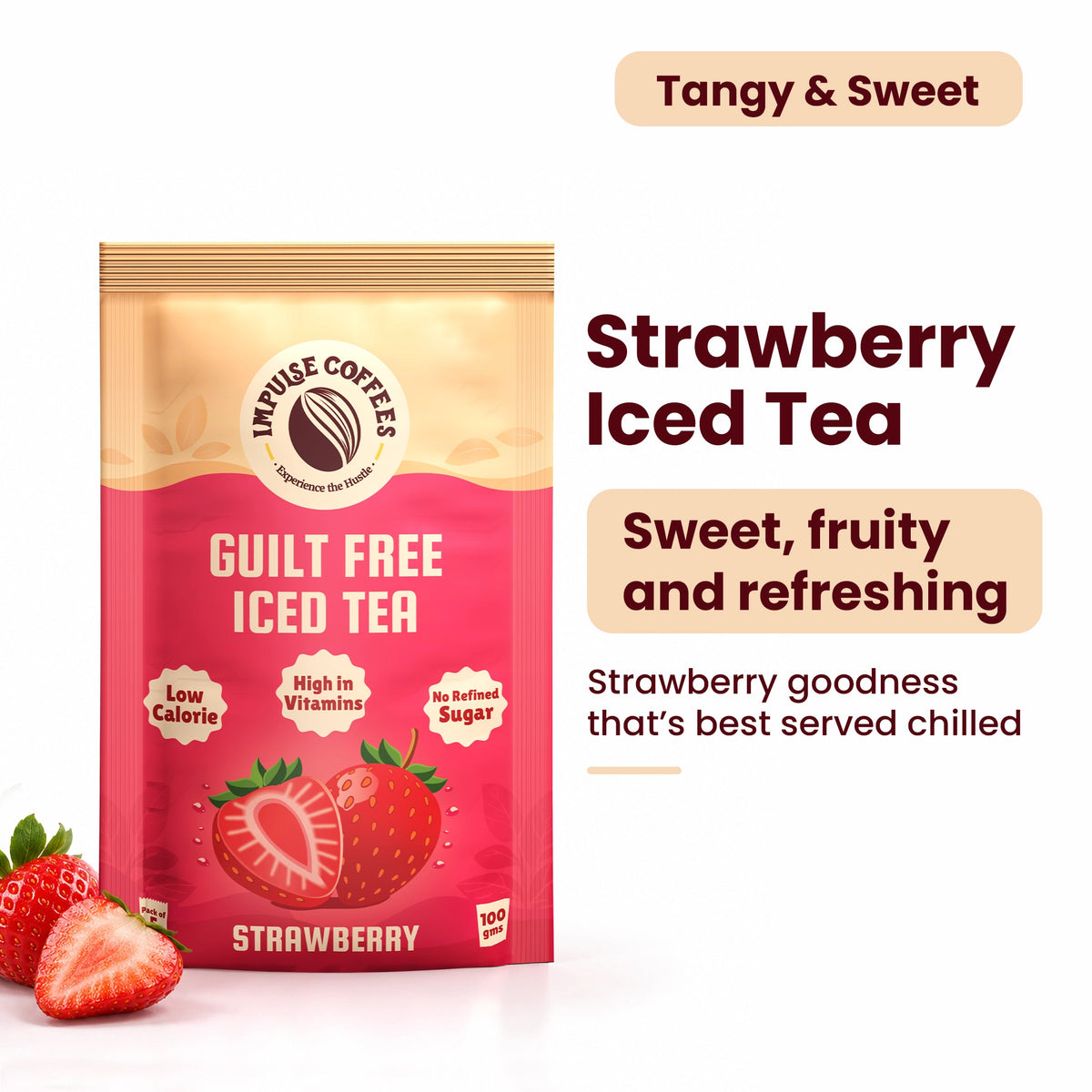 Impulse Coffees Guilt Free Strawberry Iced Tea 100g pouch highlighted as "Tangy & Sweet", featuring a sweet, fruity, and refreshing strawberry goodness taste with low calories, high vitamins, and zero refined sugar.