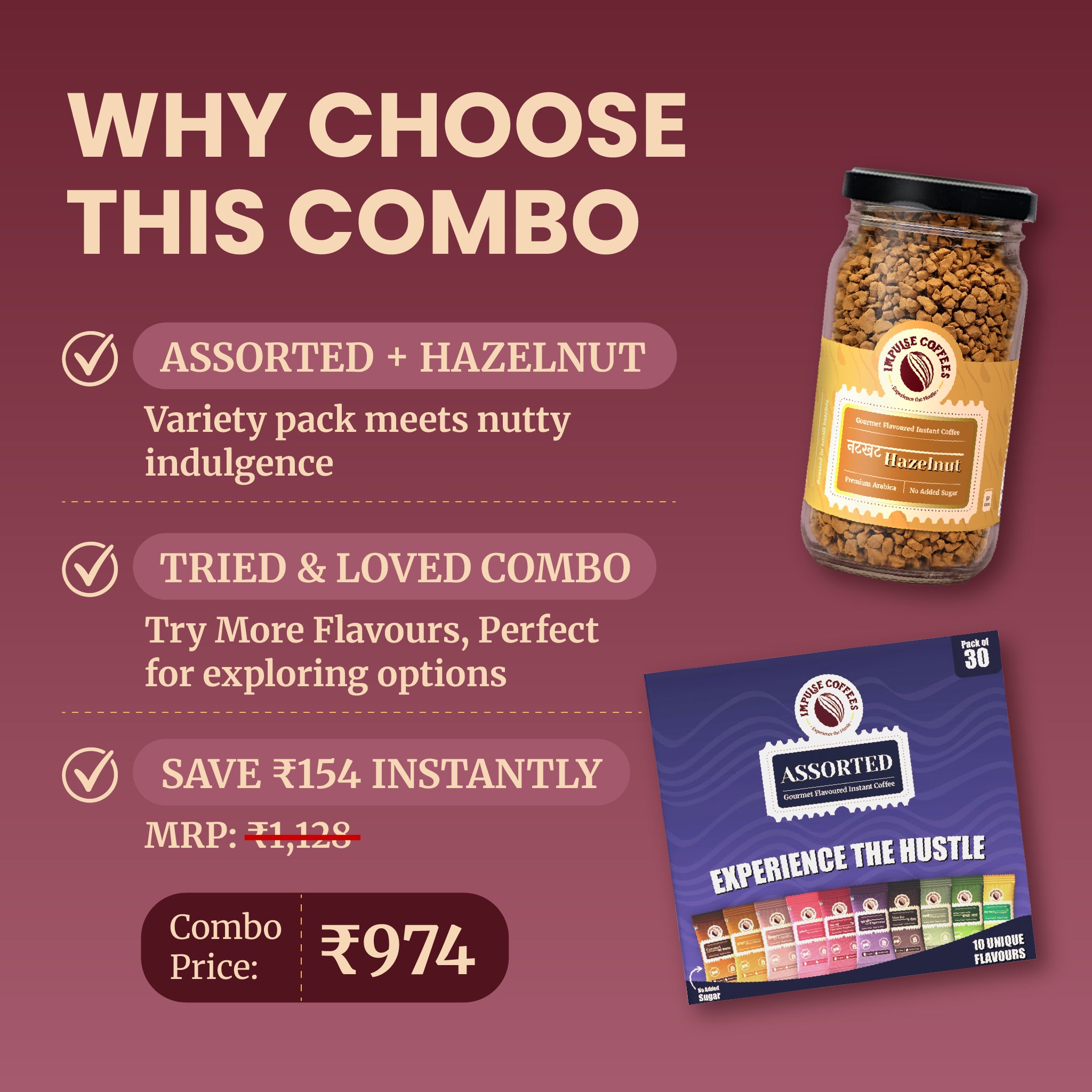 Promotional infographic banner for Impulse Coffees Hazelnut Ki Shararat Combo showing a savings of ₹154 with a discounted combo price of ₹974, displaying the Nutkhat Hazelnut jar and Assorted flavour pack.