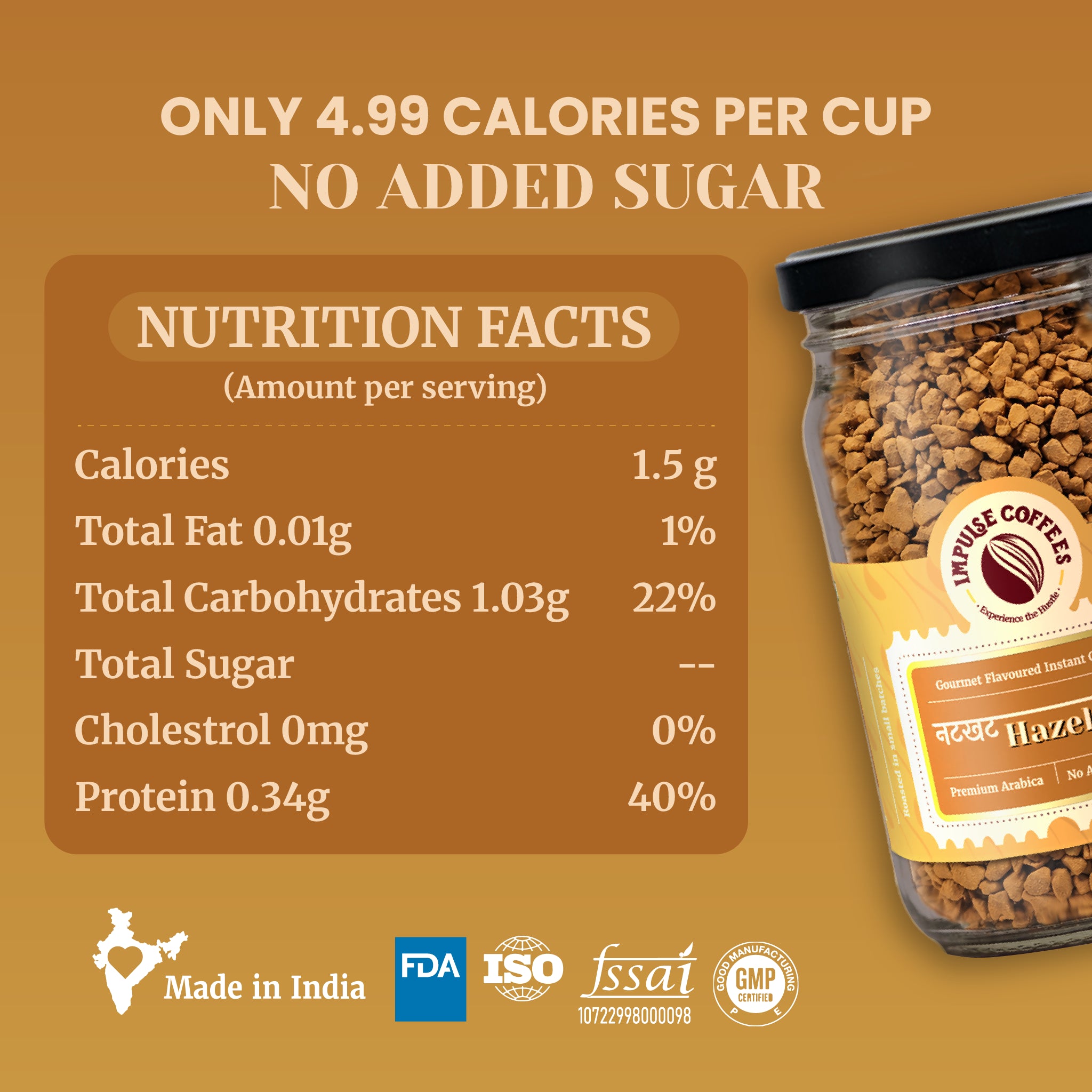 Impulse Coffees Nutkhat Hazelnut instant coffee showing only 4.99 calories per cup and zero added sugar. The clear macronutrient chart displays 1.5g calories, 0.01g total fat, 1.03g total carbohydrates, 0mg cholesterol, and 0.34g protein alongside a glass jar of freeze-dried coffee with a warm yellow-brown label. Includes regulatory trust badges for Made in India, FDA, ISO, FSSAI, and GMP certification.