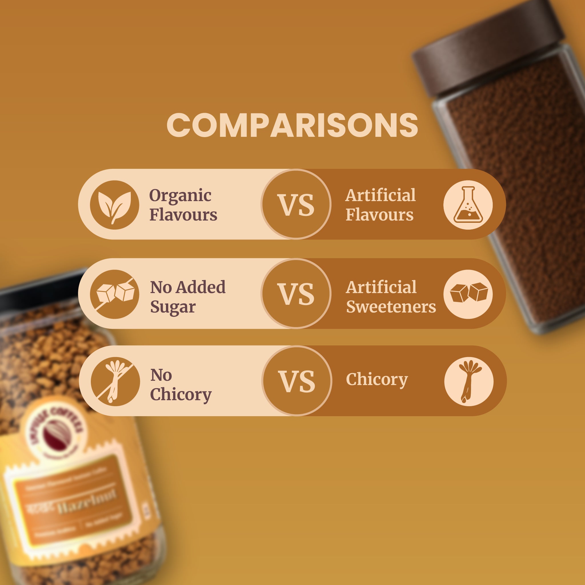 Competitive brand comparison infographic chart contrasting the premium advantages of Impulse Coffees Nutkhat Hazelnut against regular instant coffee brands. The dual-tone brown layout highlights key differences including organic flavors vs artificial flavors, no added sugar vs artificial sweeteners, and pure coffee with no chicory vs standard chicory fillers.