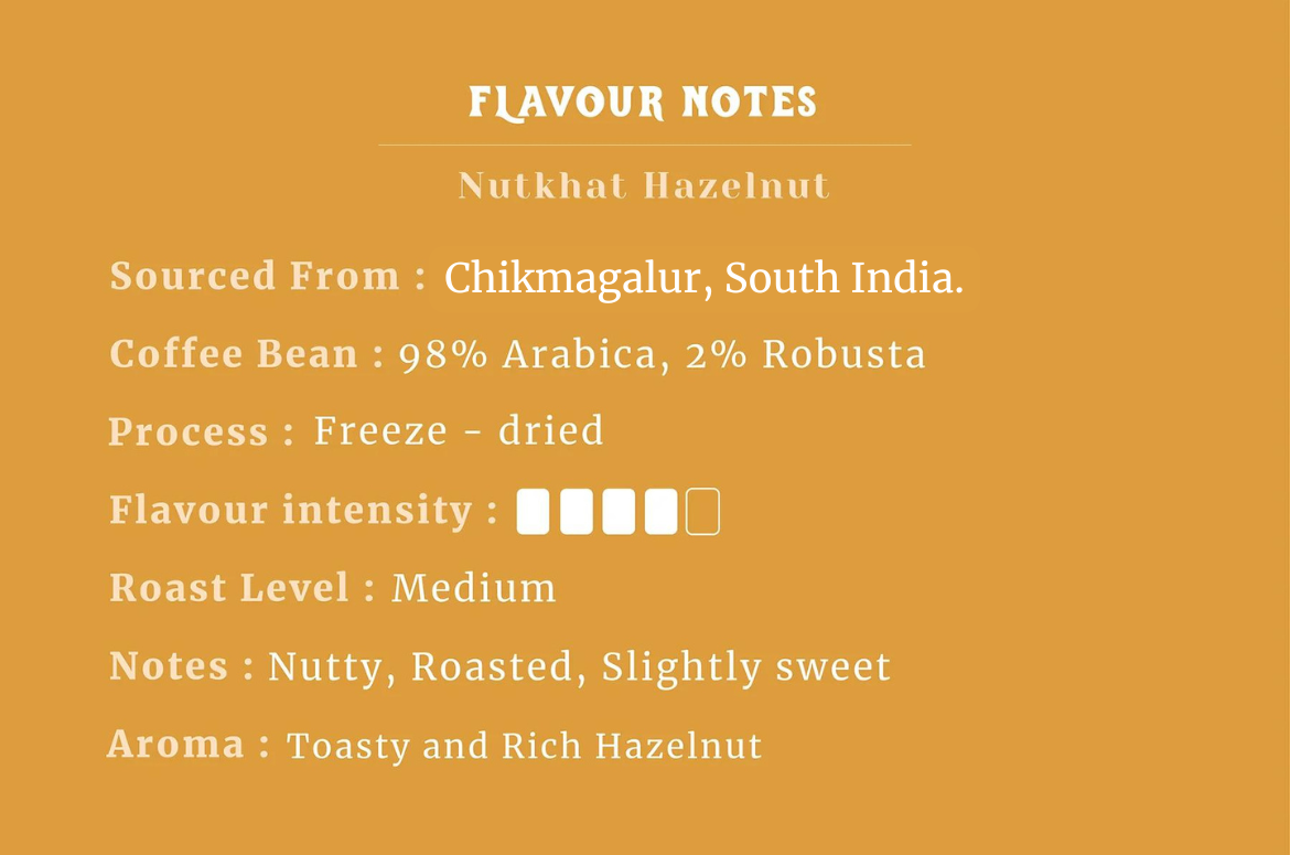 Flavour notes for a Nutkhat Hazelnut coffee bean on a mustard yellow background